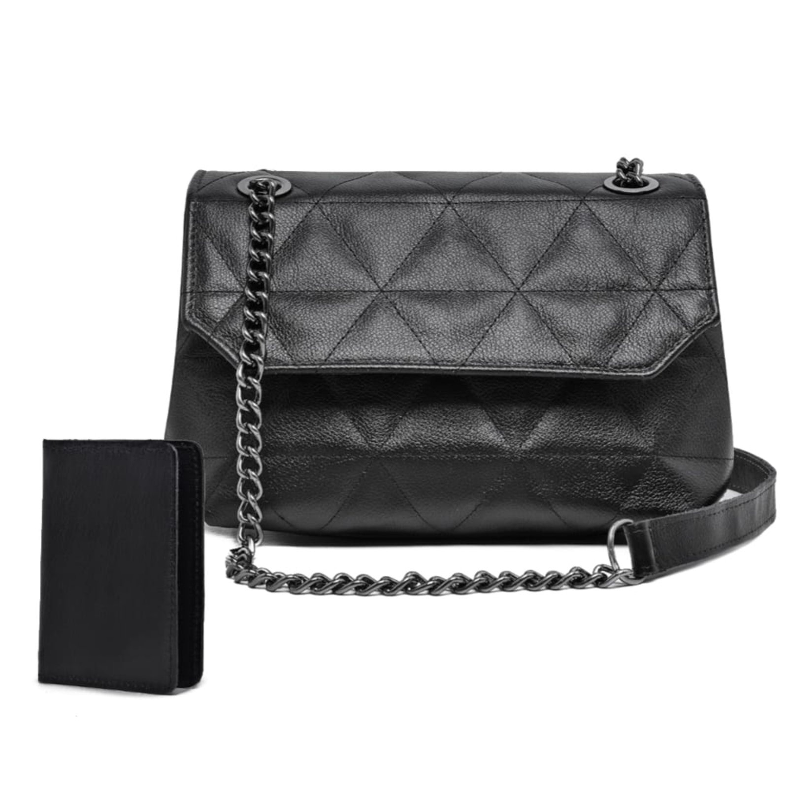 Imagem principal Bolsa De Couro Legitimo Feminina Preta Bordada Triangulo Alça De Ombro 2 Repartições E Carteira Kit CARMELO SHOES preto