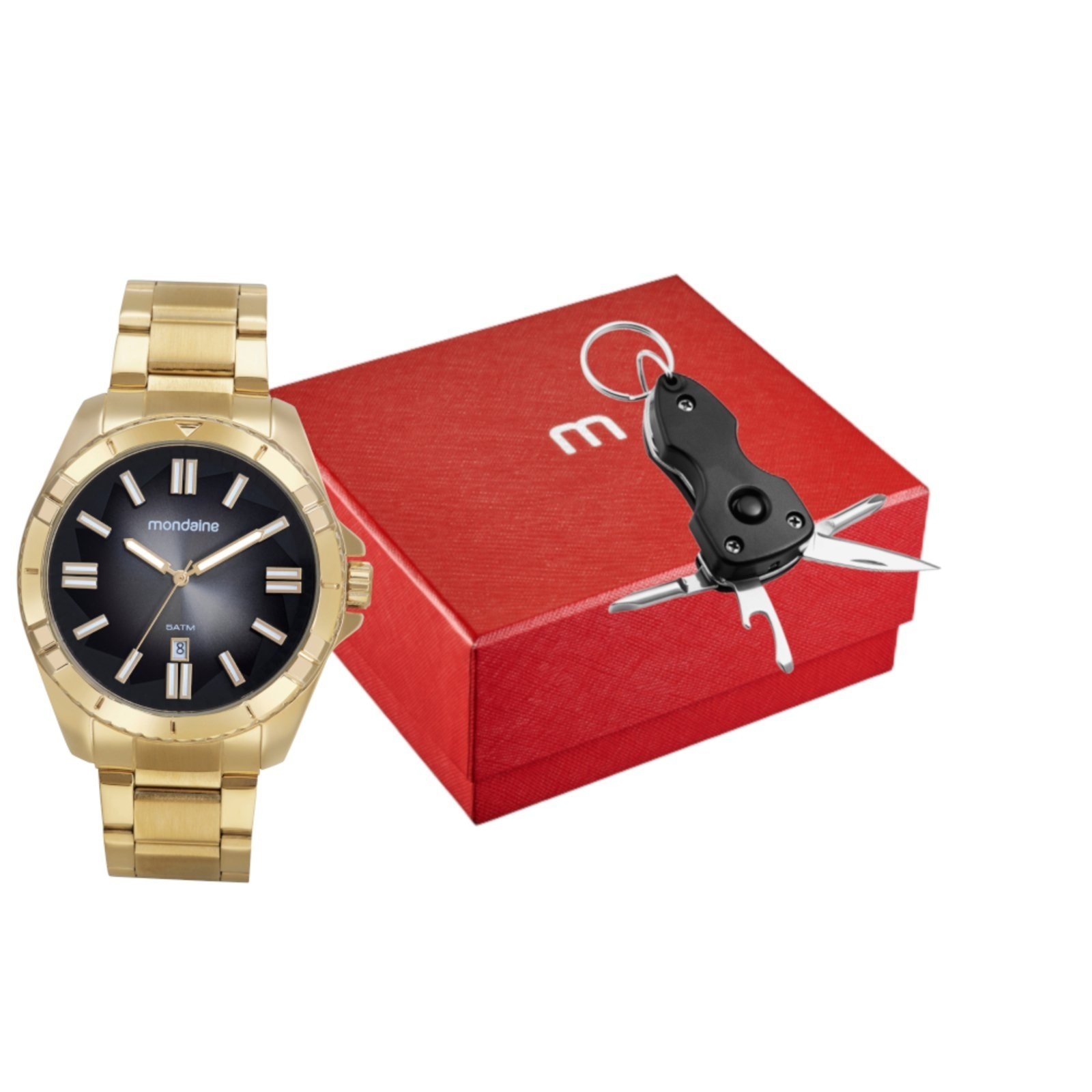 Imagem principal Kit Relógio Masculino Com Chaveiro Multifunção Mondaine dourado