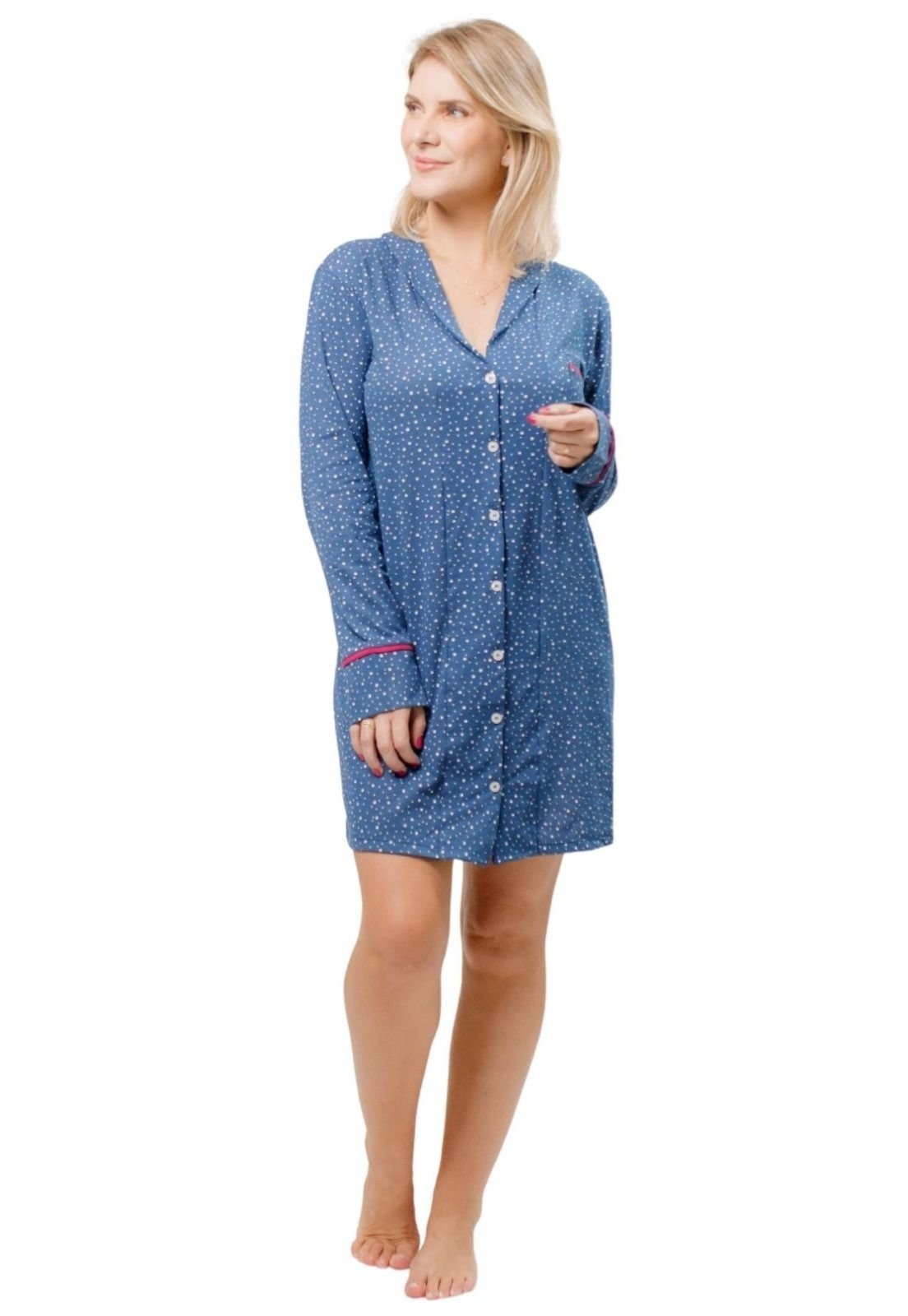 Imagem principal Camisola Algodão Feminina Americana com Botão Botões Manga Longa Inverno Adulto indicado Gestante Amamentação e ós cirúgico Poá Piante azul