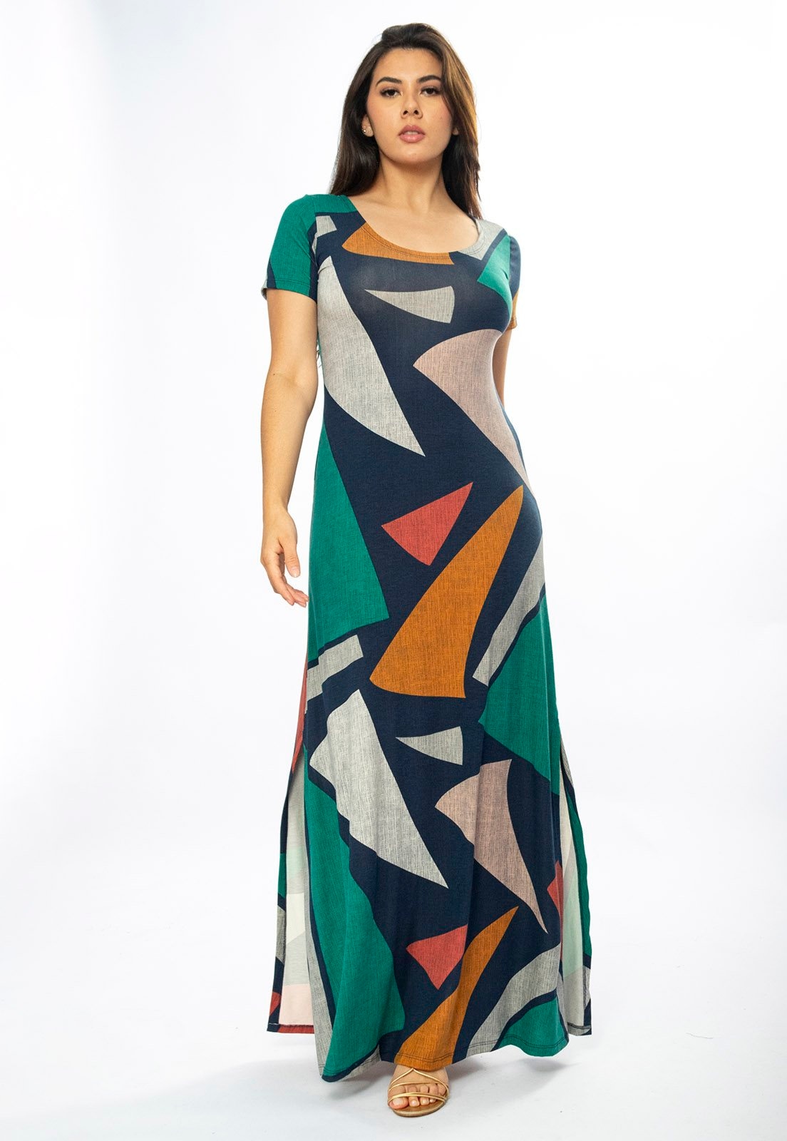 Imagem principal Vestido Longo Amazônia Vital Malha Gola Canoa Manga Curta Geometrias do Tempo Amazonia Vital azul marinho/estampado/laranja/verde