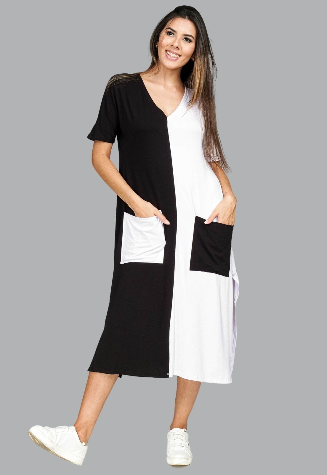 Imagem principal Vestido Midi Reto Malha com Bolso na Frente Amazonia Vital Branco e Amazonia Vital preto