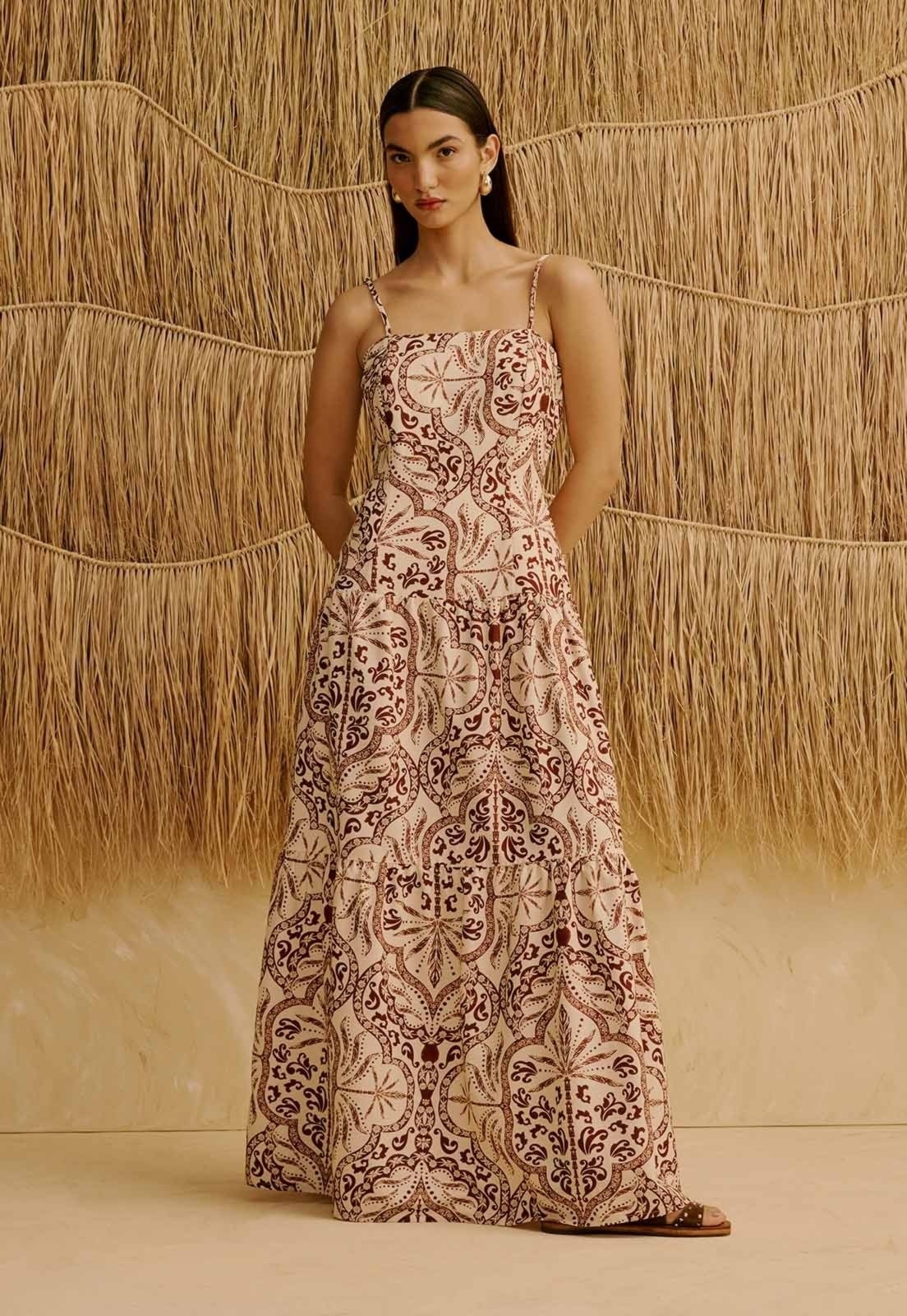 Imagem principal Vestido Longo com Babados Estampado Palmas Del Sol CaCay marrom