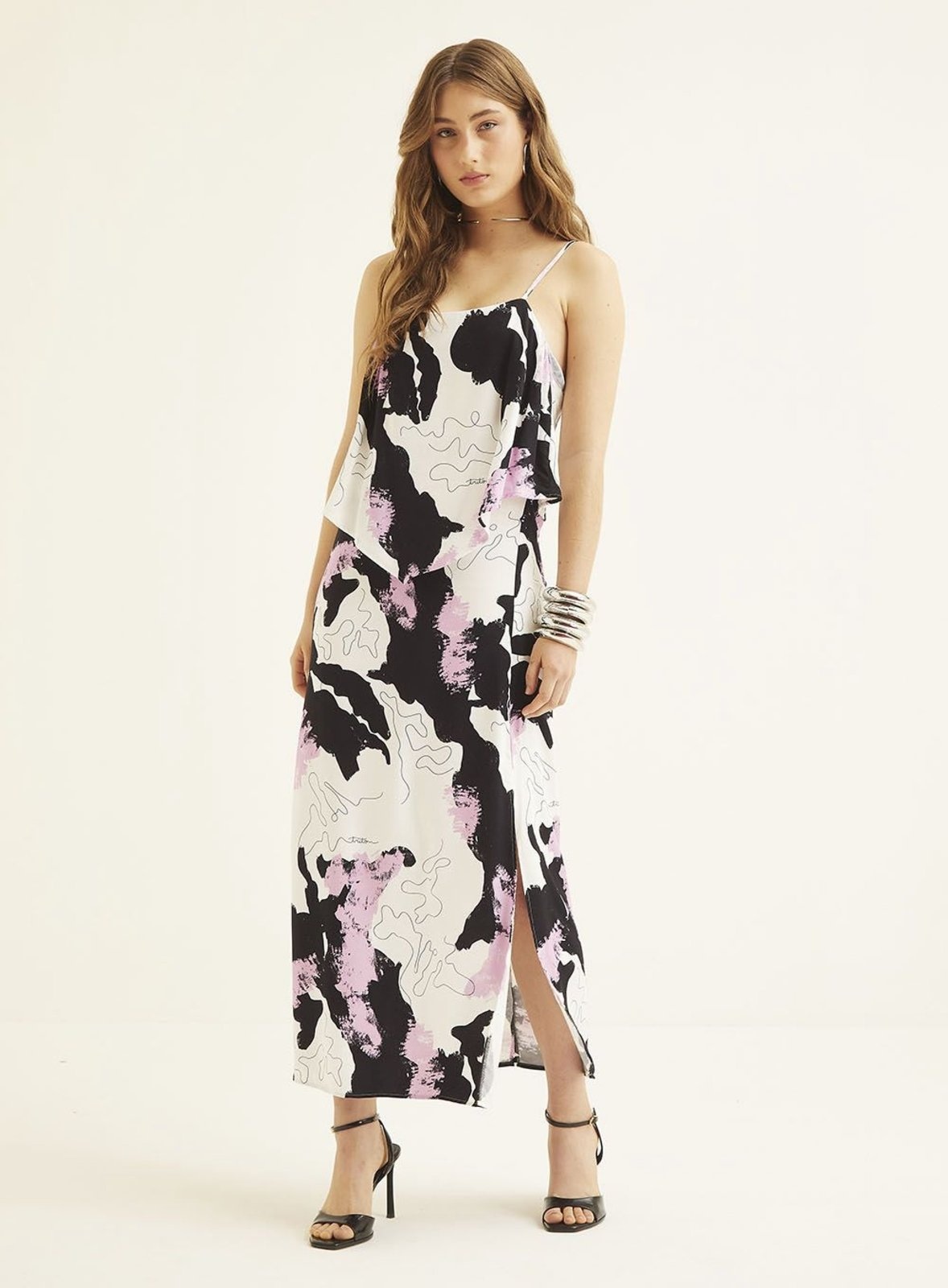 Imagem principal Vestido Midi Estampado Com Fenda e Sobreposição Triton Preto/Lilás Triton branco