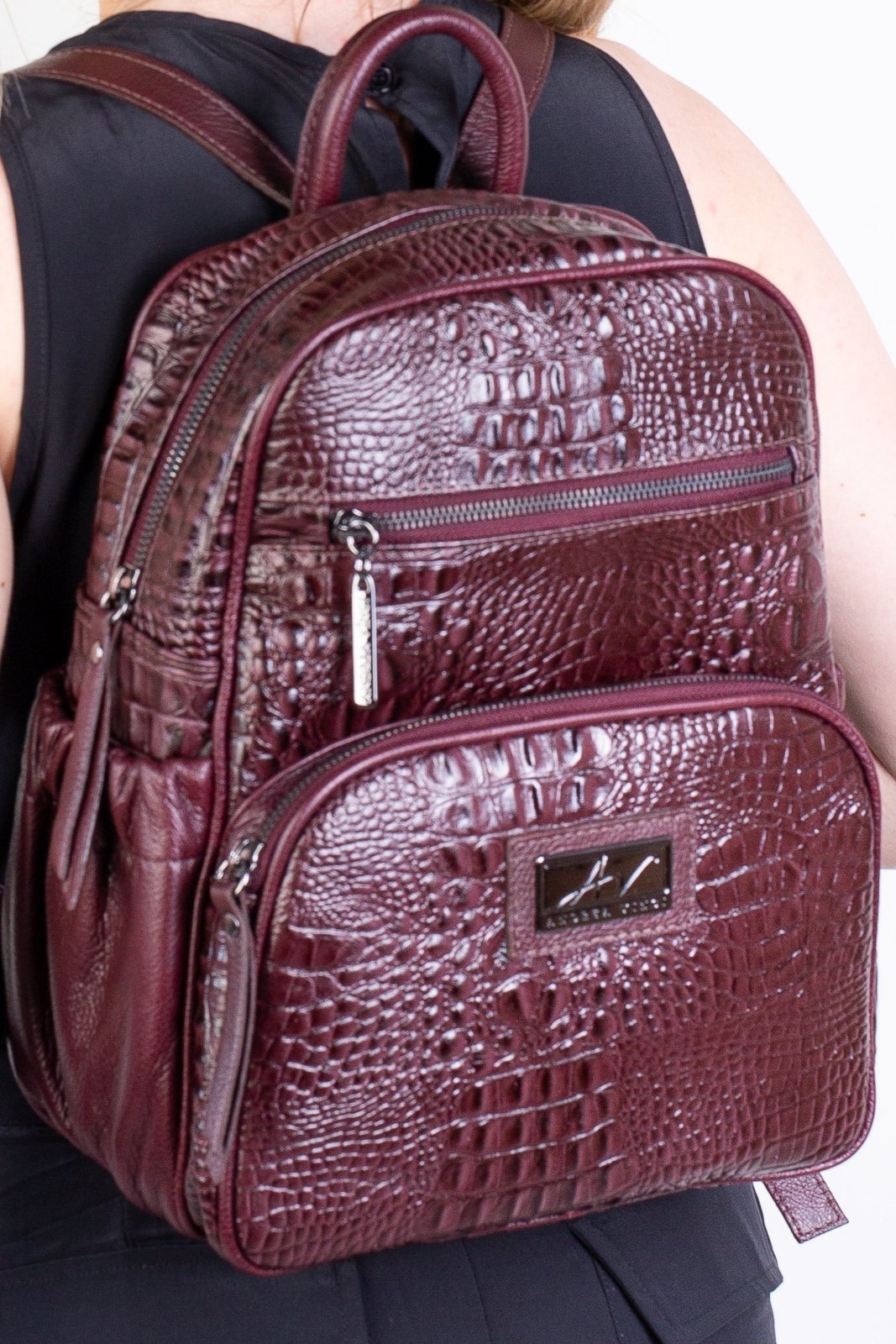 Imagem principal Mochila pequena de couro croco metais grafite Zoey - Marsala Andrea Vinci preto