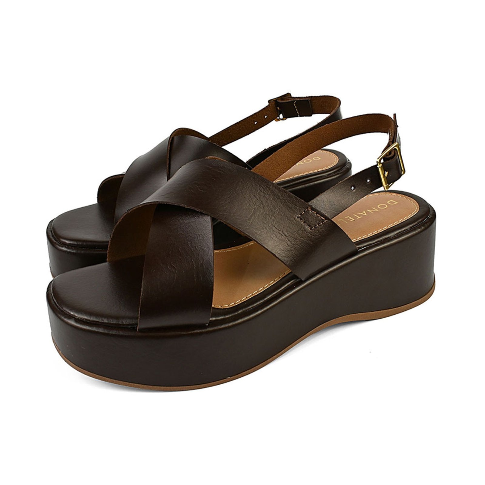 Imagem principal Sandalia Feminina Plataforma Anabela Donatella Shoes Bico Redondo Cruzada Fivela Sola Alta Monte Shoes café
