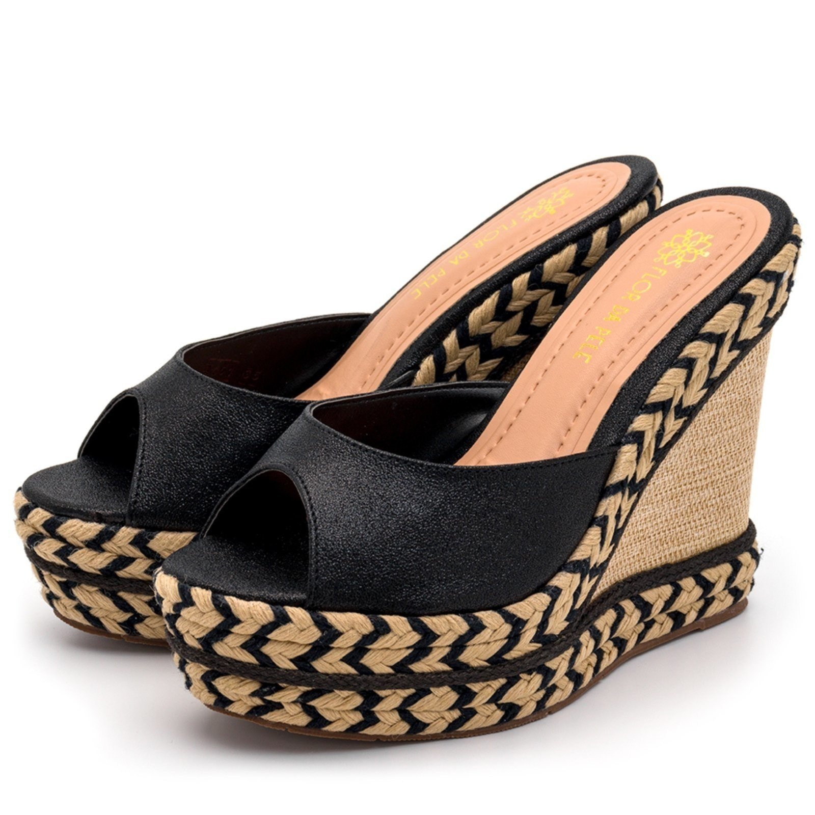 Imagem principal Sandalia Tamanco Feminino Anabela com Sisal Napa Cintilante Lançamento Sete Sales preto