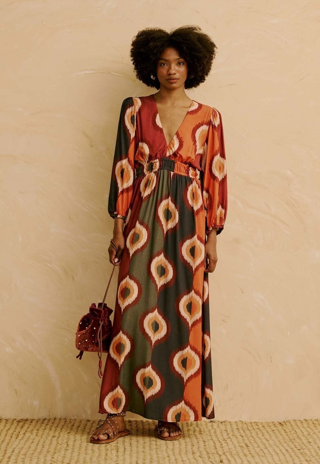 Imagem principal Vestido Longo Manga Bufante Estampado Taquile CaCay marrom