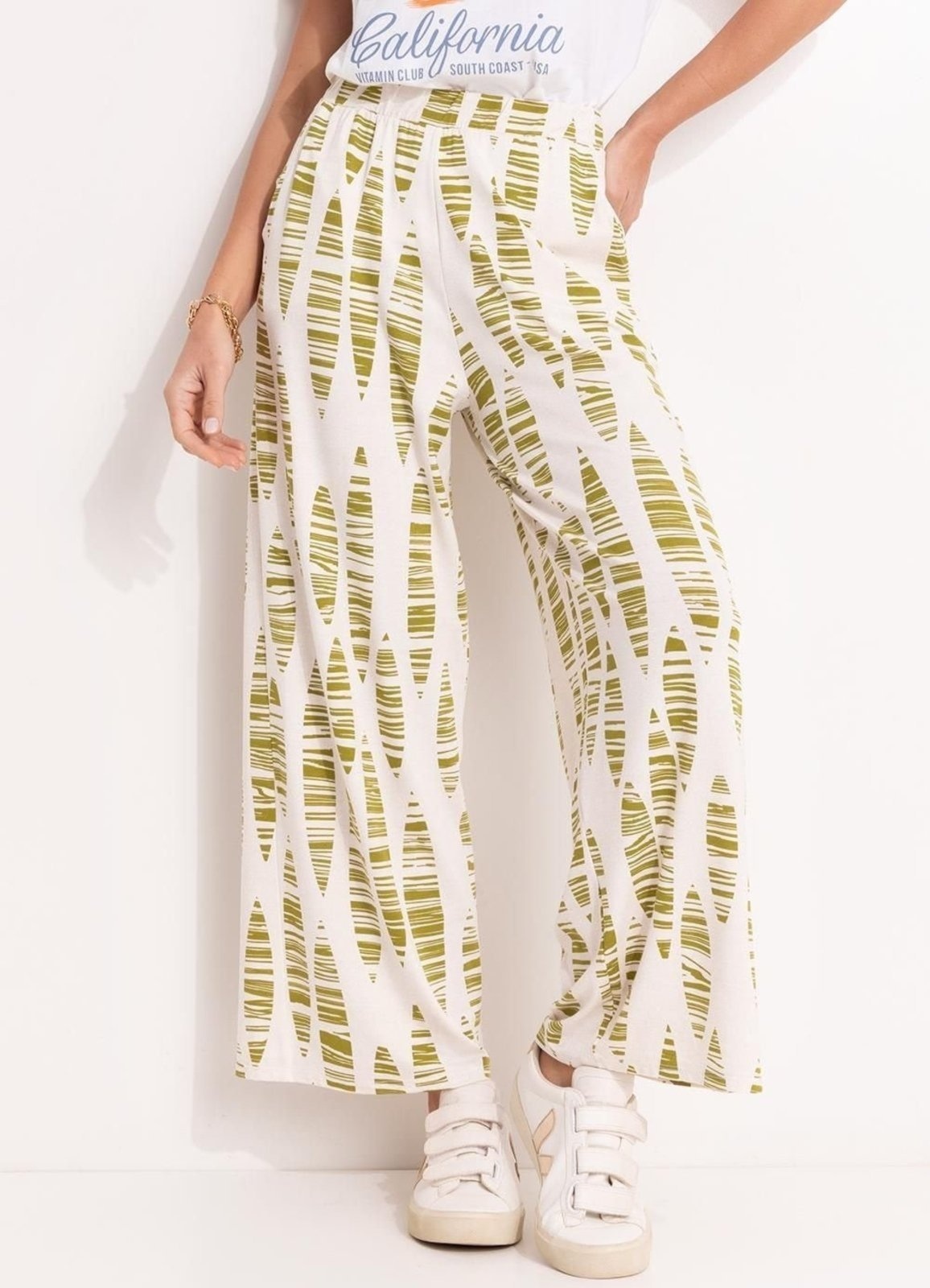 Imagem principal Calça Em Malha De Viscose Folhas Listradas Quintess verde