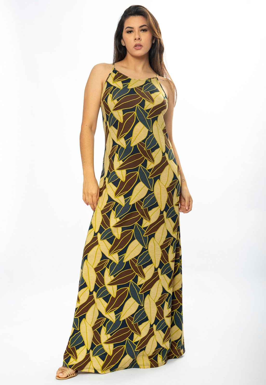 Imagem principal Vestido Longo Cabanafree Malha Trapézio Folhas de Outono Cabanafree estampado/marrom