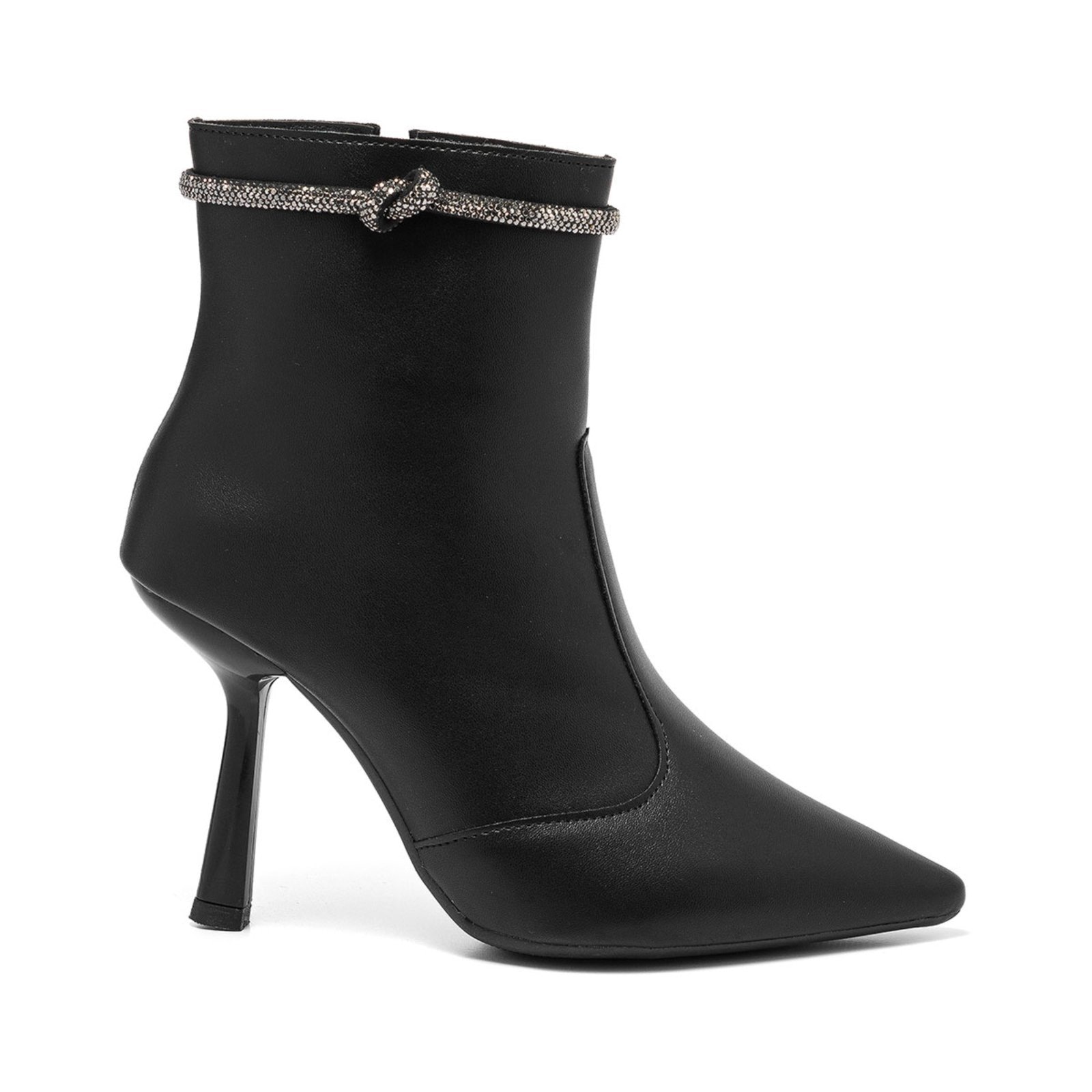 Imagem principal Bota Feminina Stessy Shoes Cano Curto Bico Fino Salto Alto Strass Brilho Preta Stessy Shoes prata velho