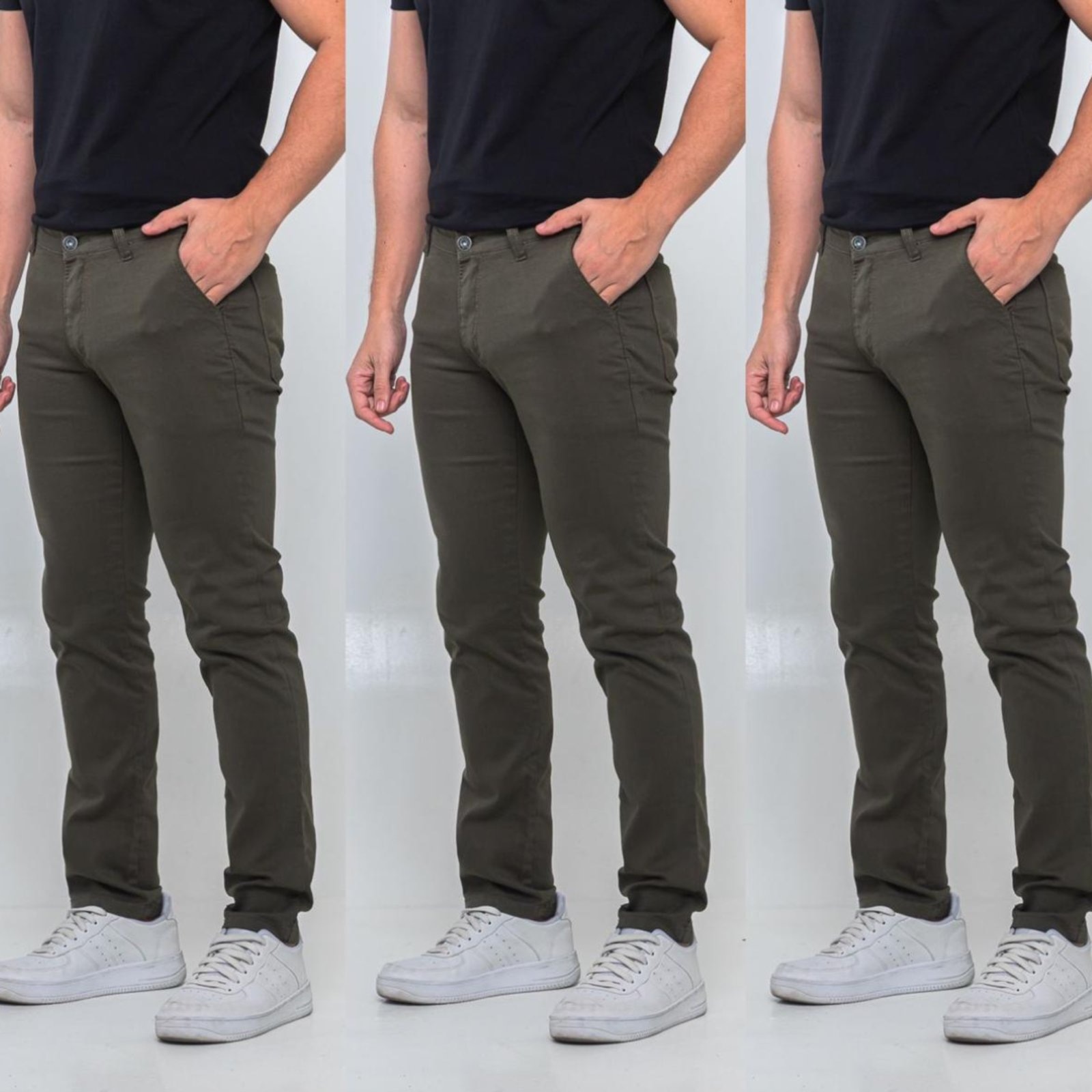 Imagem principal KIT 3 Calças Sarja Masculina Tempo Hábil Alfaiatada Skinny Militar 5 Estilo verde/verde militar verde