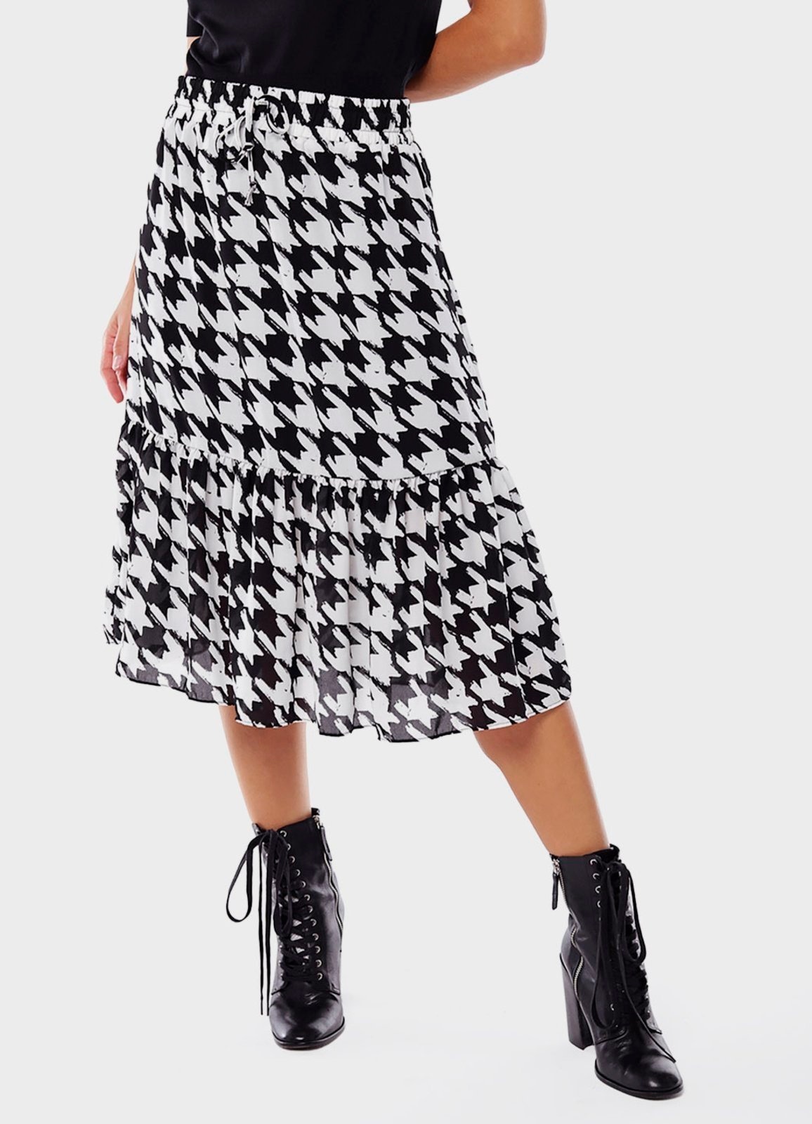 Imagem principal Saia Midi Xadrez Pied de Poule Crepe Preta e Branca Sob SOB preto