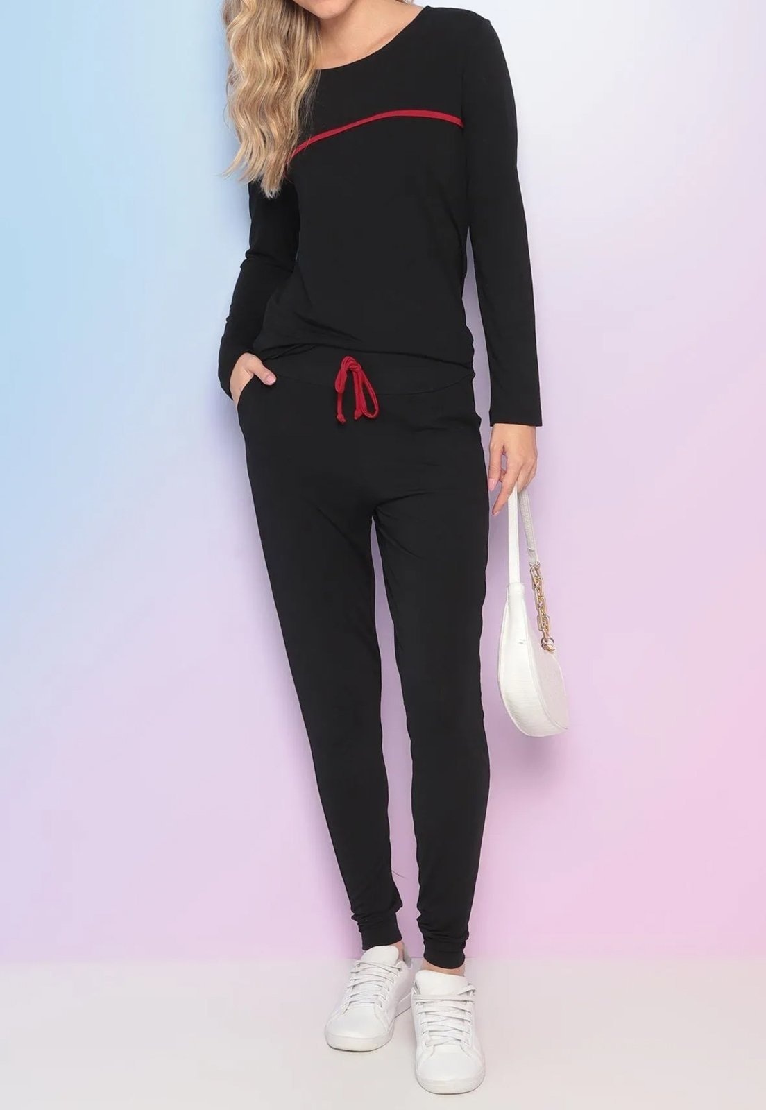 Imagem principal Conjunto Viscolycra Maria Paes Calça e Blusa Manga Longa com Viés Maria Paes preto/vermelho