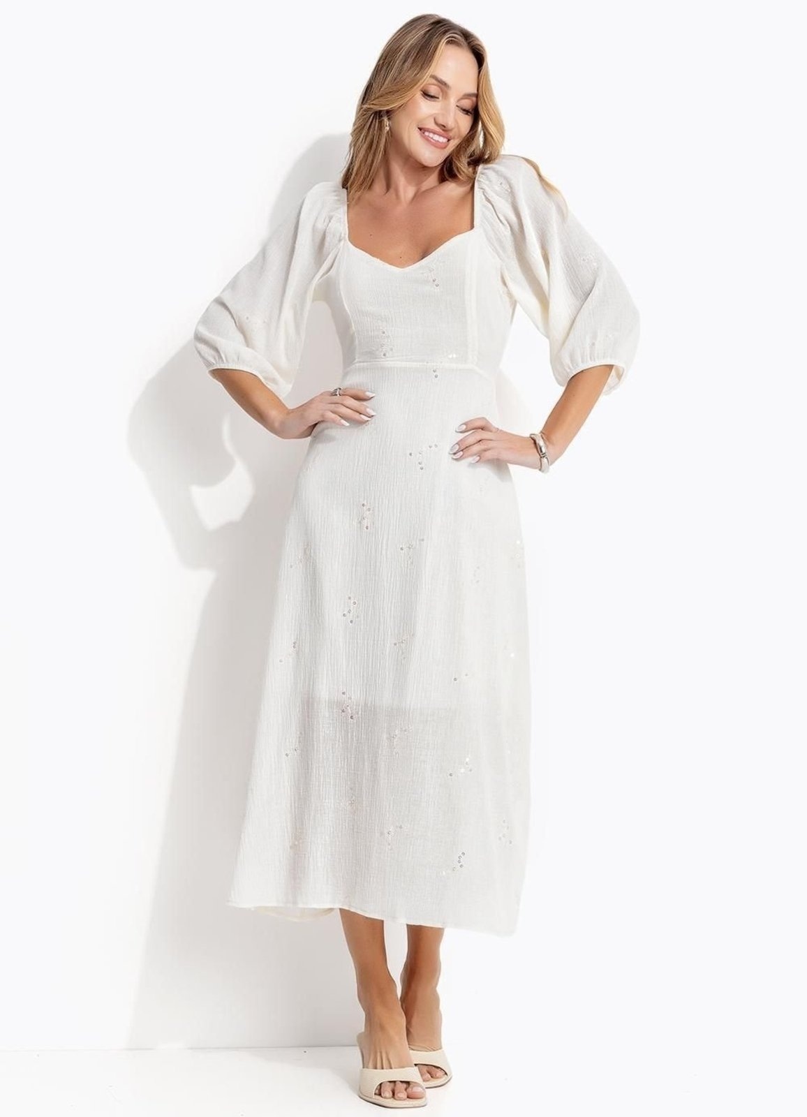 Imagem principal Vestido Em Voil Bordado Paetê Off White Quintess branco white