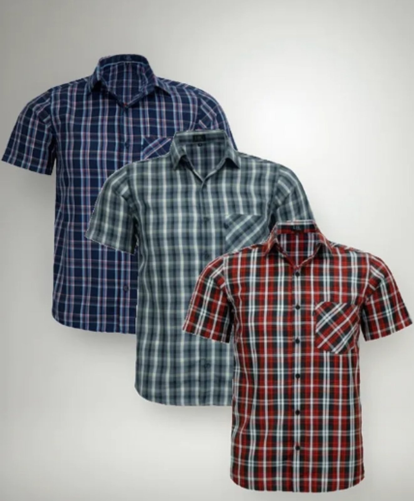 Imagem principal Kit 3 Camisas Xadrez Comfort LBL Poliéster Com Bolso Macia Fácil de Passar Manga Curta Amil azul/azul marinho/vermelho