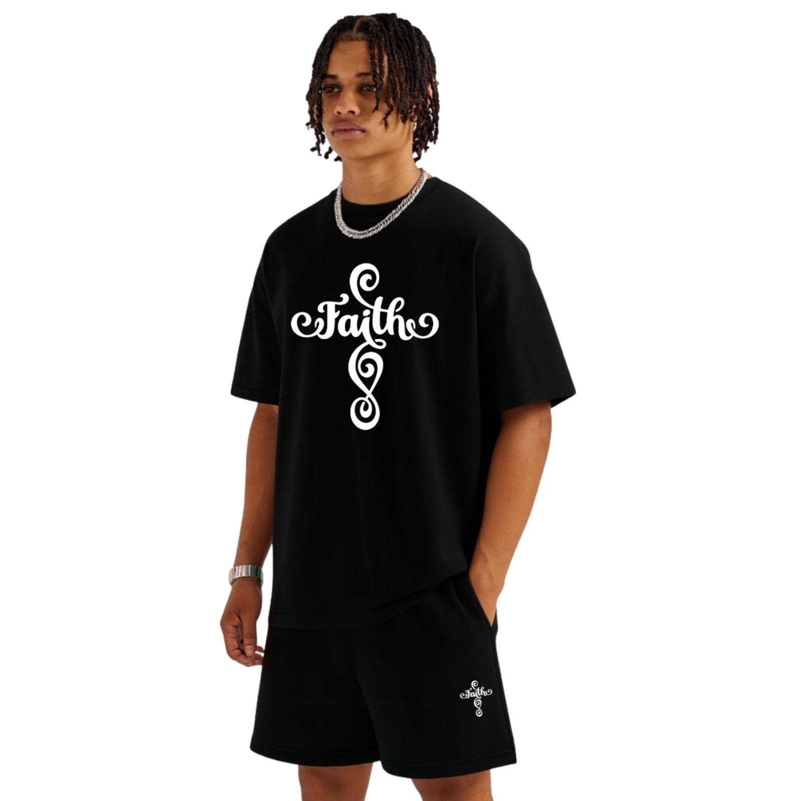 Imagem principal Conjunto Camiseta Oversized e Bermuda Moletinho Estampado Faith Relaxado preto