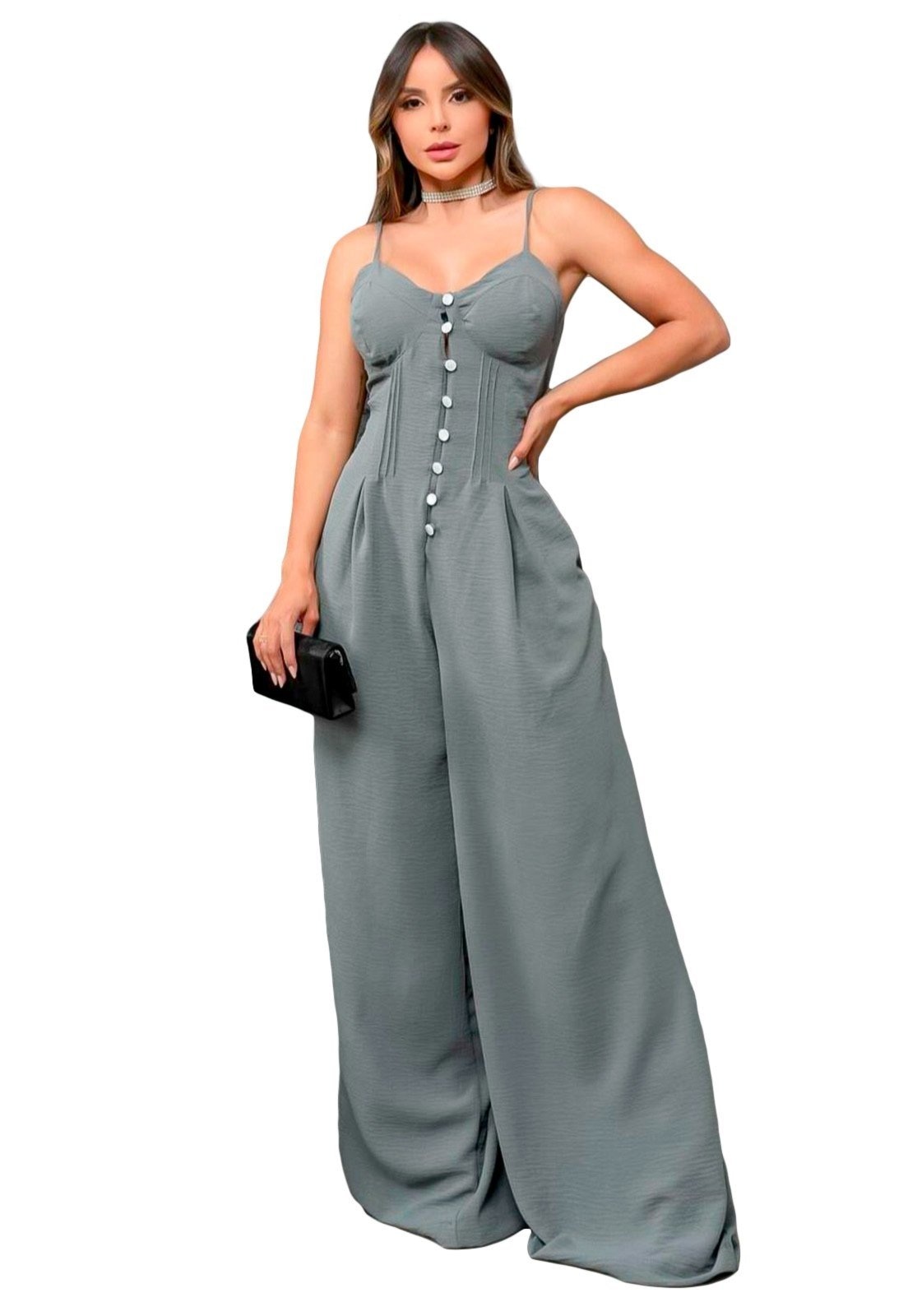 Imagem principal Macacao Ywc Ind Crepe Longo Alcinha Detalhe Botões Social Barra Flare Preto escuro YWC ind cinza