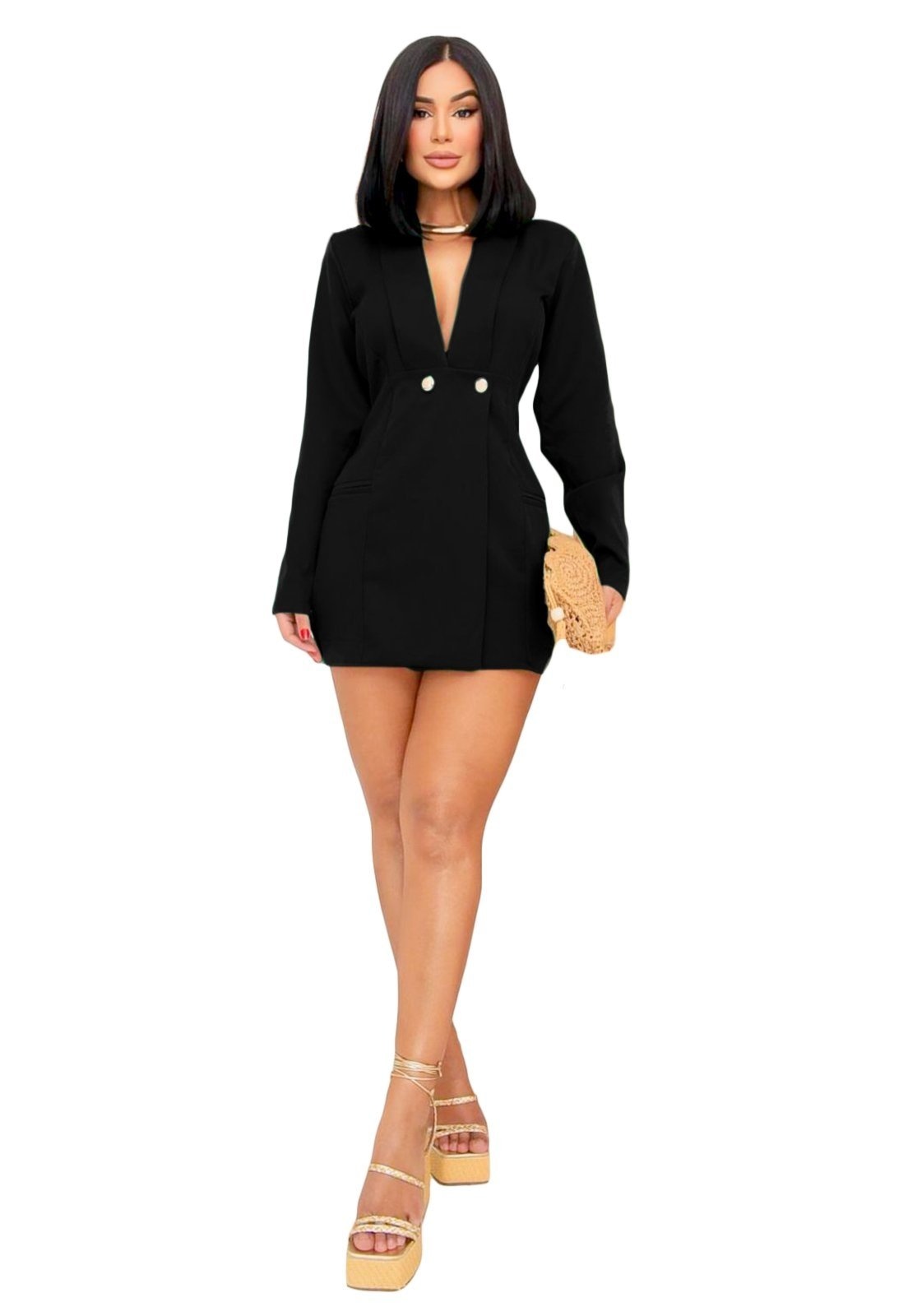 Imagem principal Macaquinho Alfaitaria YWC ind Manga Longa Com Shorts Decotado Detalhe Botão YWC ind preto