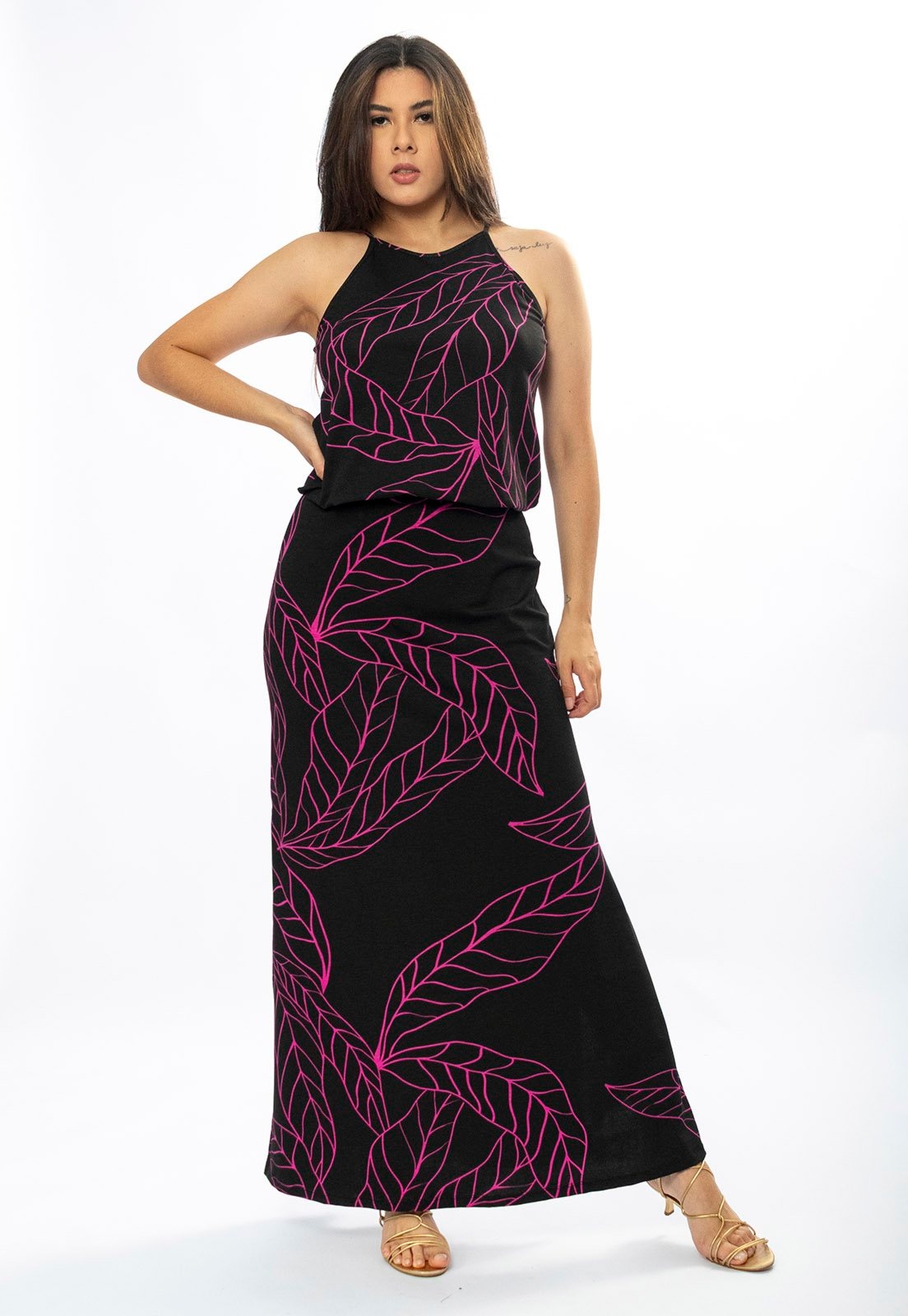 Imagem principal Vestido Longo Cabanafree Malha Trapézio com Elástico na Cintura Antúrios Cabanafree estampado/lilás/pink