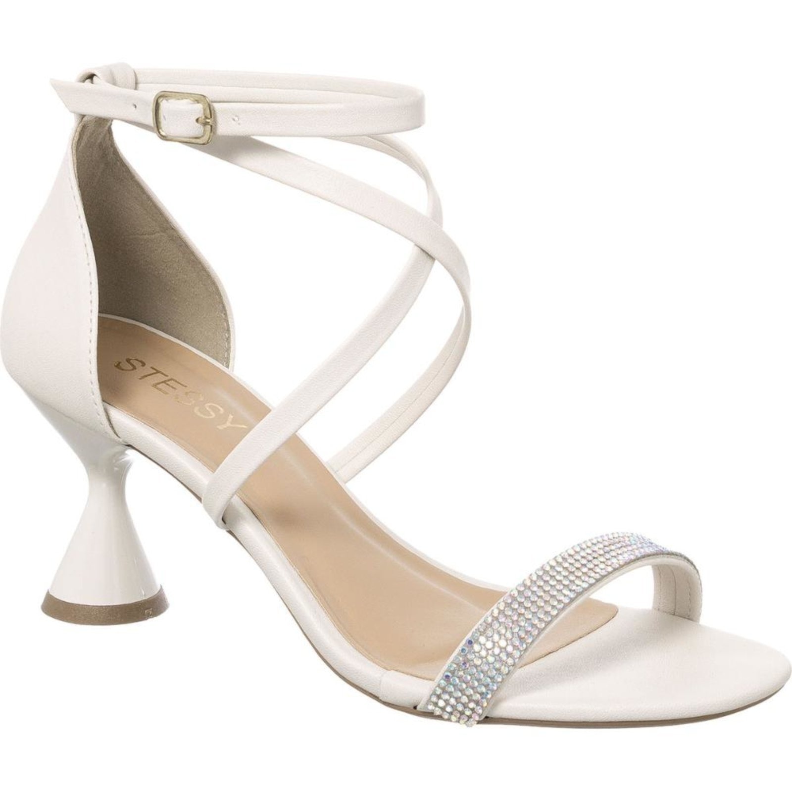Imagem principal Sandália Saltinho Taça Rolha Brilho Strass Festa Promoção Off White Stessy Shoes off-white white