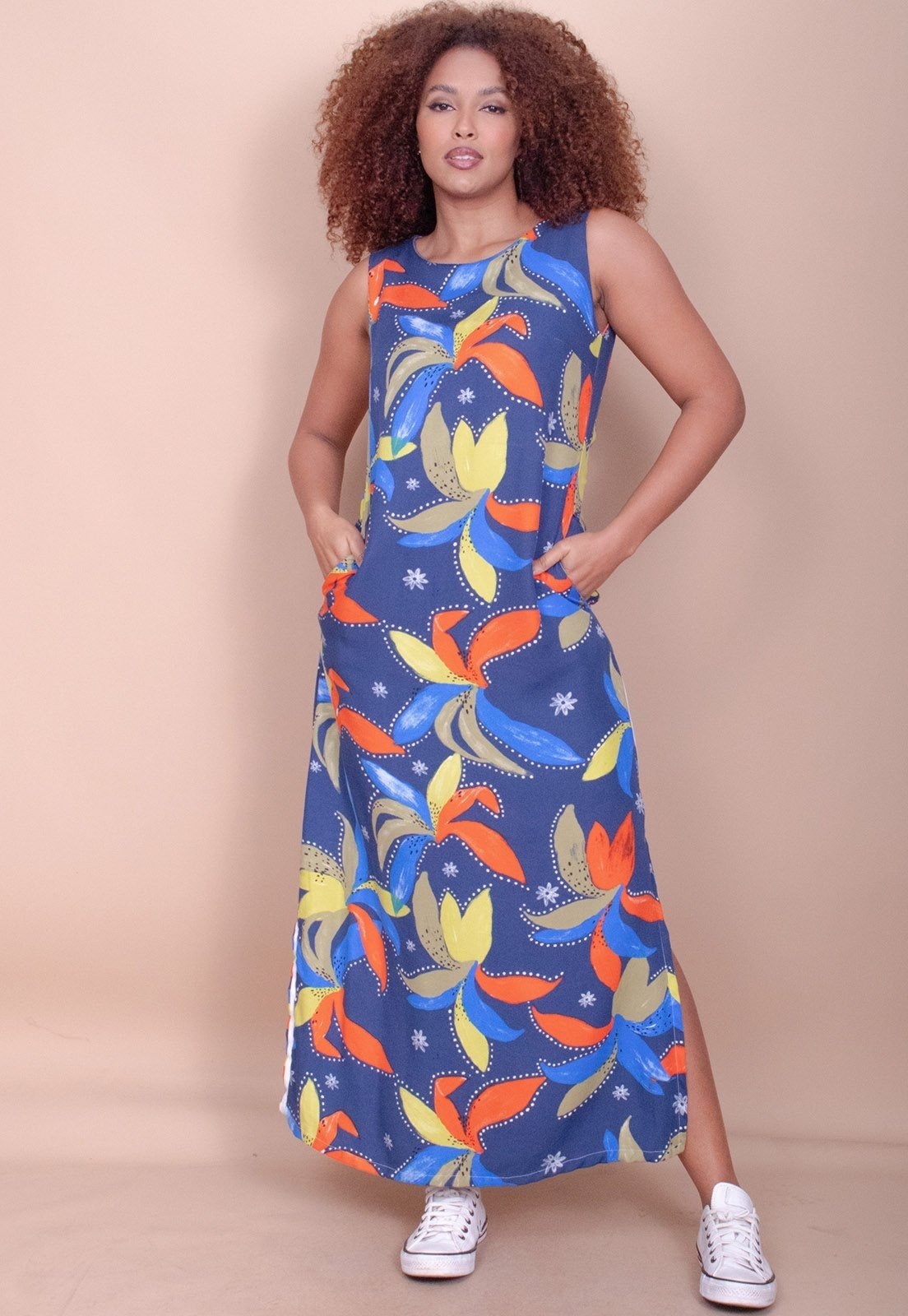 Imagem principal Vestido Longo Cabanafree Plano com Bolso Estampa Maré Vibrante Cabanafree azul/cinza/estampado/laranja