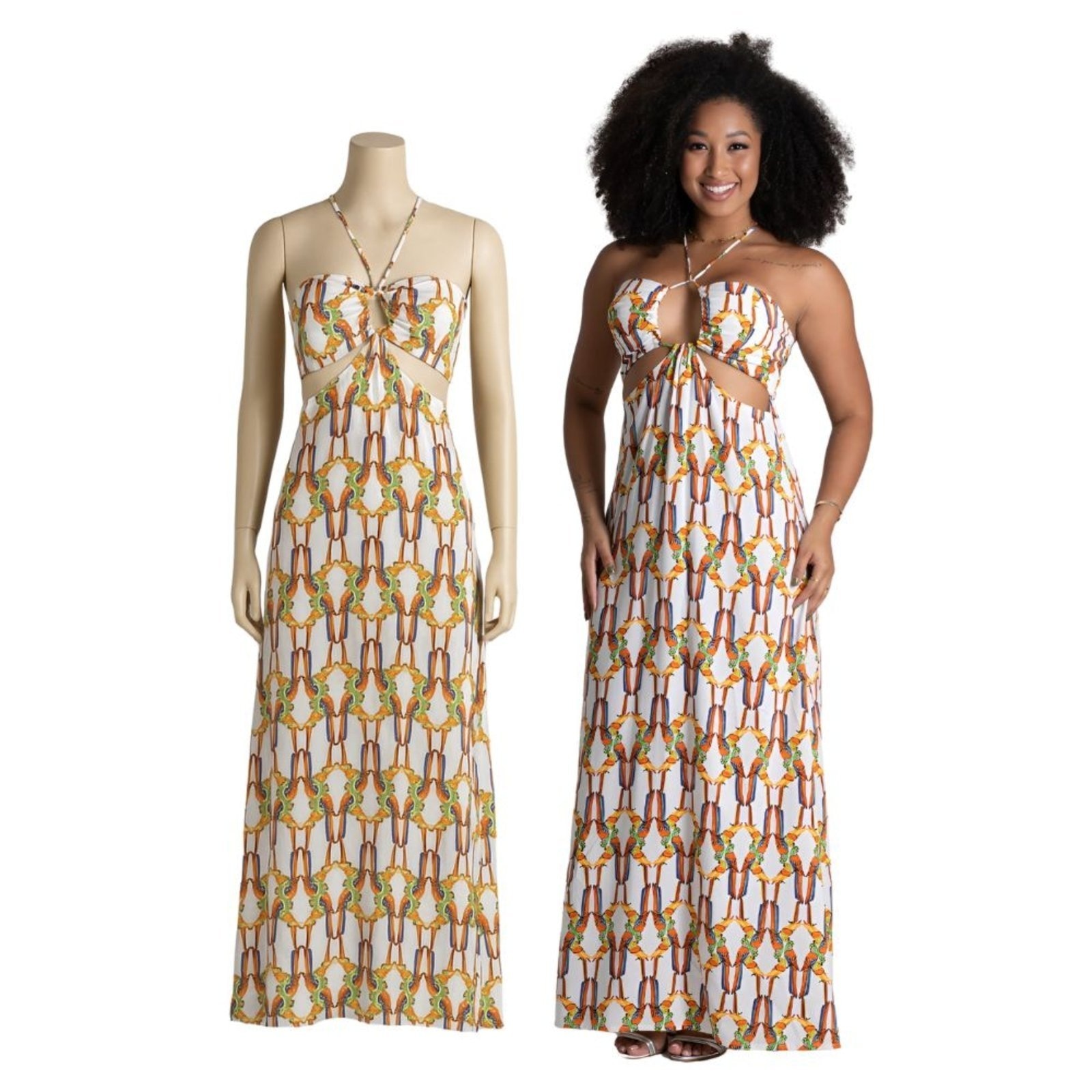 Imagem principal Vestido Longo Sawary Fashion Estampas Aves Sawary Fashion laranja