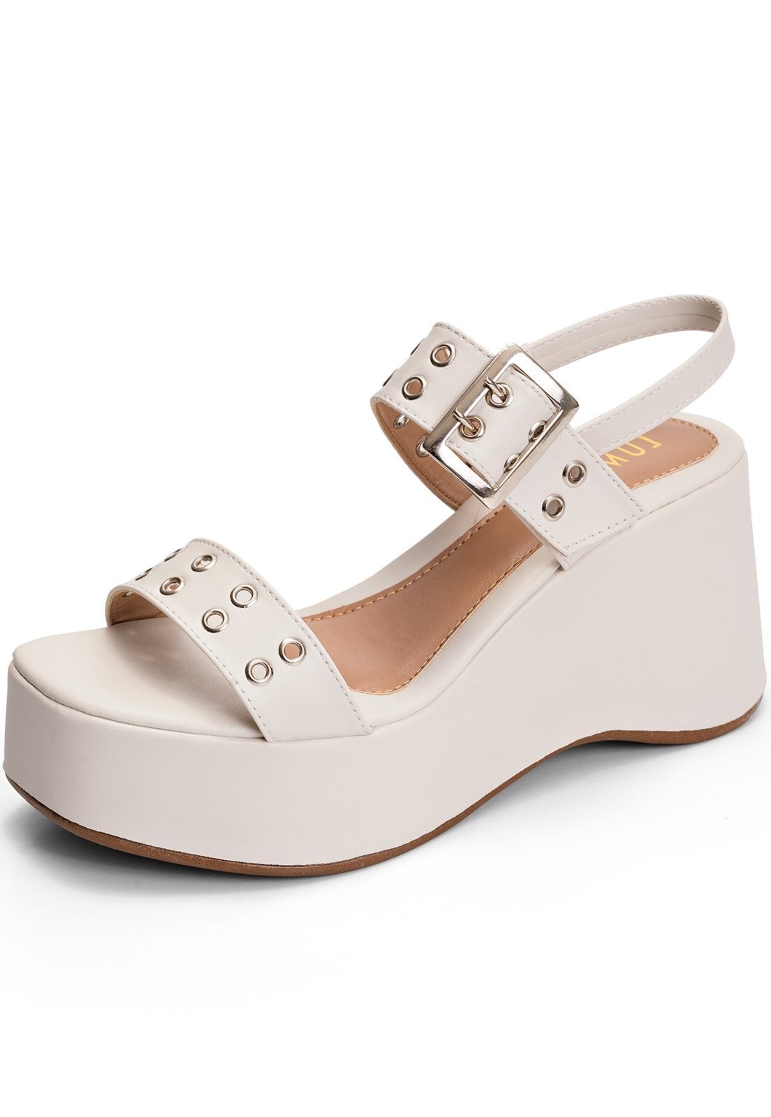 Imagem principal Sandália Feminina Lumiss Anabela Meia Pata Confortável Fivela Ilhós Off White LUMISS off-white white