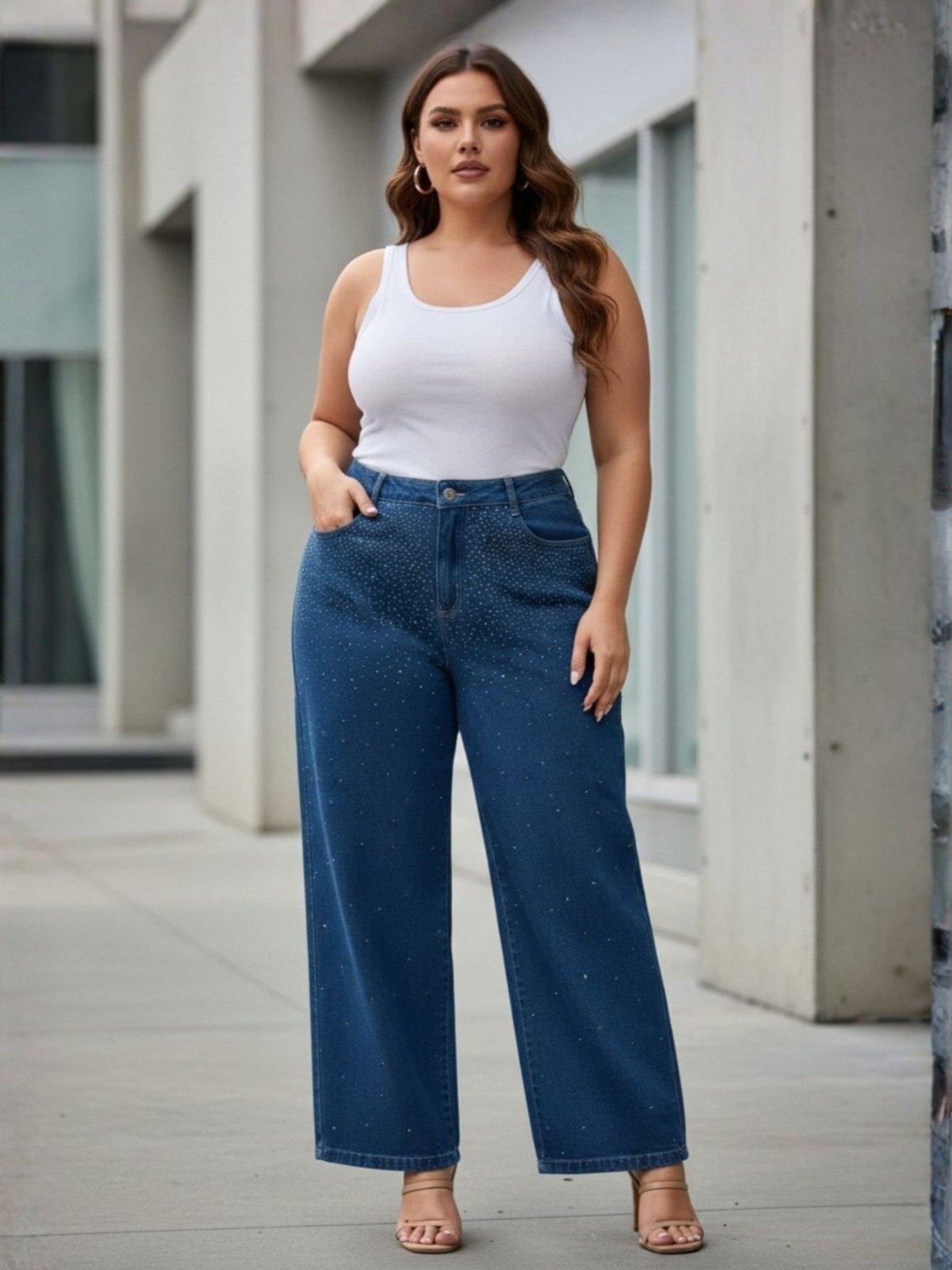 Imagem principal Calça Jeans Feminina Plus Size Reta Brilhos Cintura Alta Bolsos Azul Escuro Barra Feita Razon Jeans jeans azul