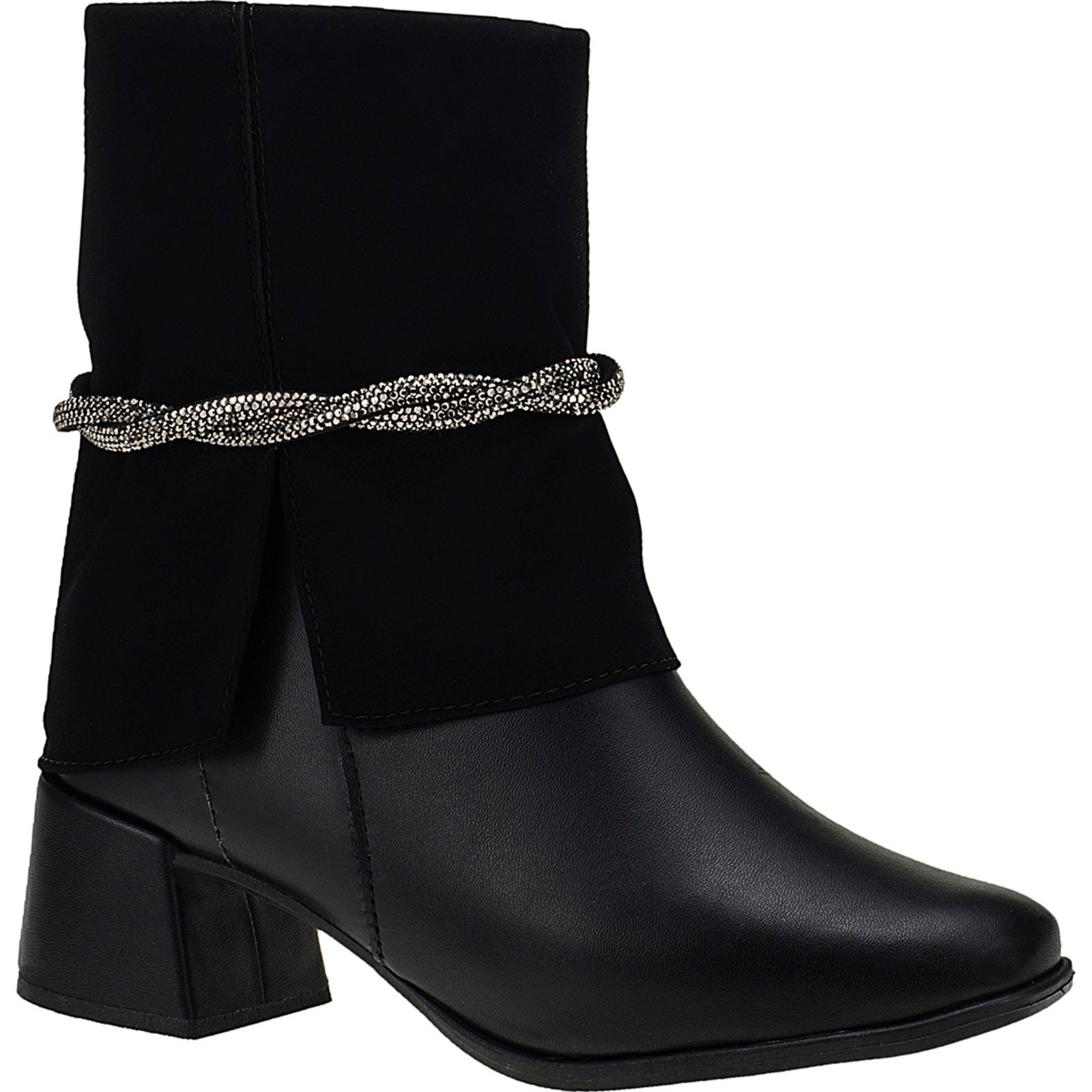 Imagem principal Bota Salto Feminina Bico Quadrado Cano Médio Shekinah Detalhe Strass Ziper Lateral Gola Virada Capa Shekinah preto