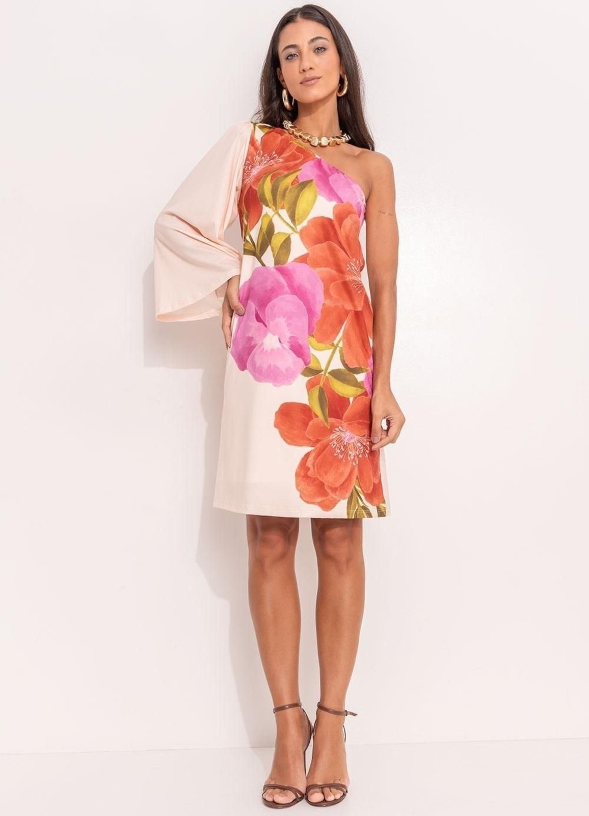 Imagem principal Vestido Malha Fria Floral Localizado Colorido Quintess bege