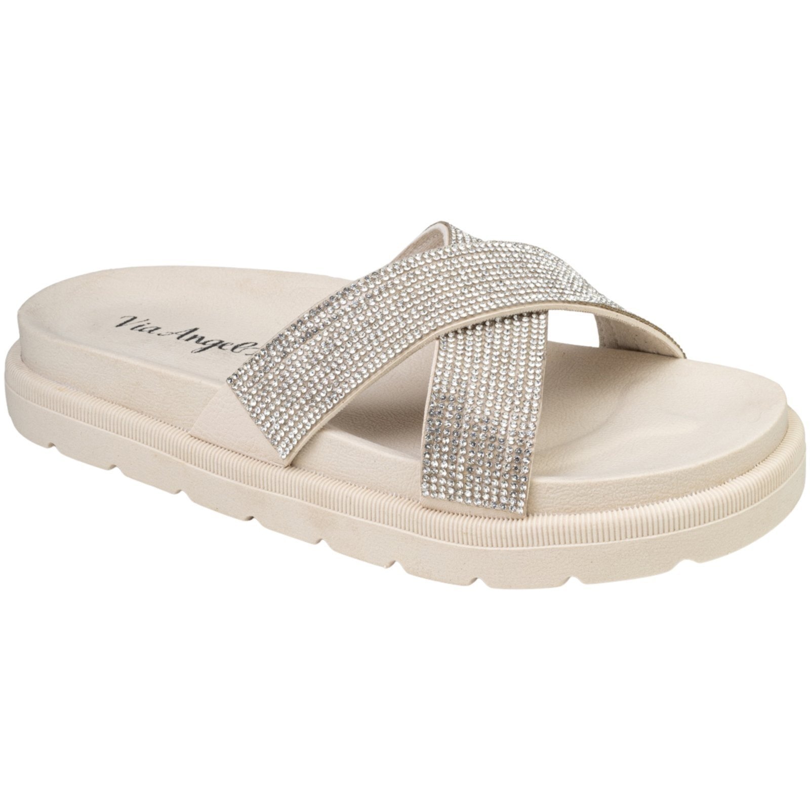 Imagem principal Tamanco Feminino Flatform Plataforma X Strass Dia a Dia Confortável Via Angel 8301 Off White VIA ANGEL off-white white