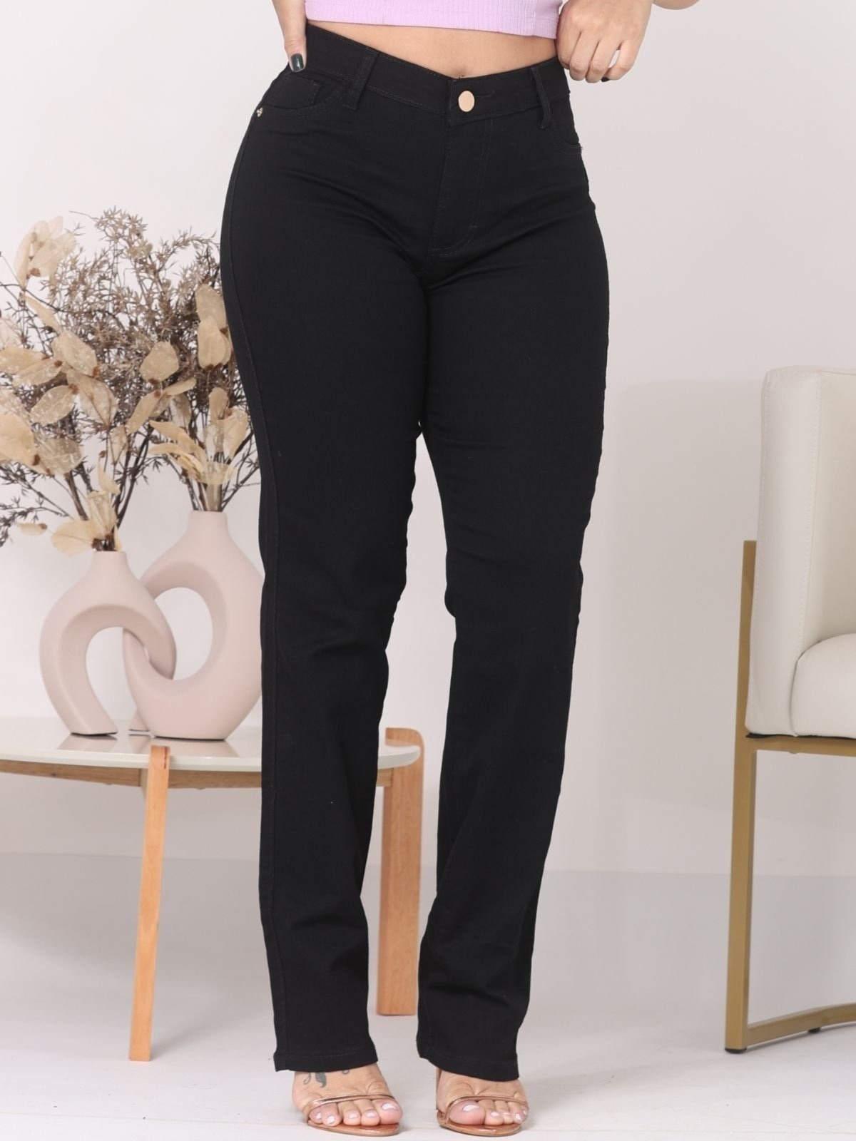 Imagem principal Calça Donna De Paula Reta Preta Jeans Acetinado Cintura alta Empina Bumbum Donna de Paula preto