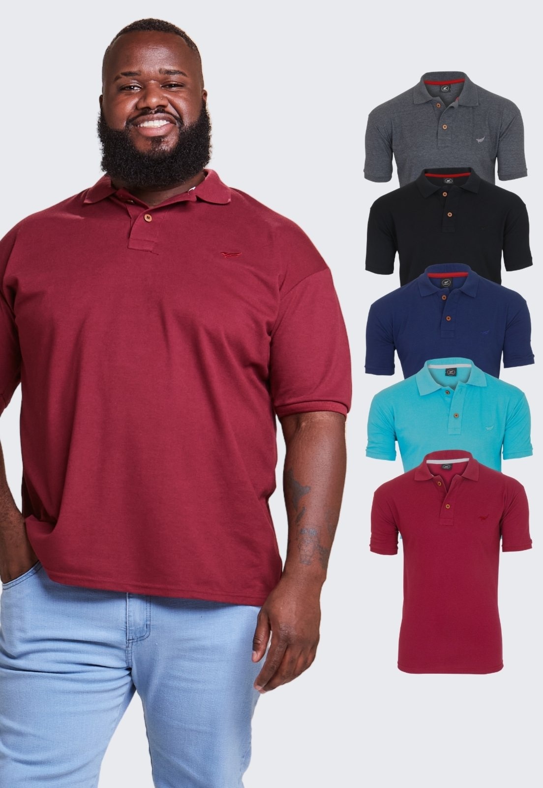 Imagem principal Kit 5 Camisa Polo Masculina Algodão Plus Size Daze Modas Vinho, Verde Água, Azul Marinho e Chumbo Daze Modas preto/vinho verde