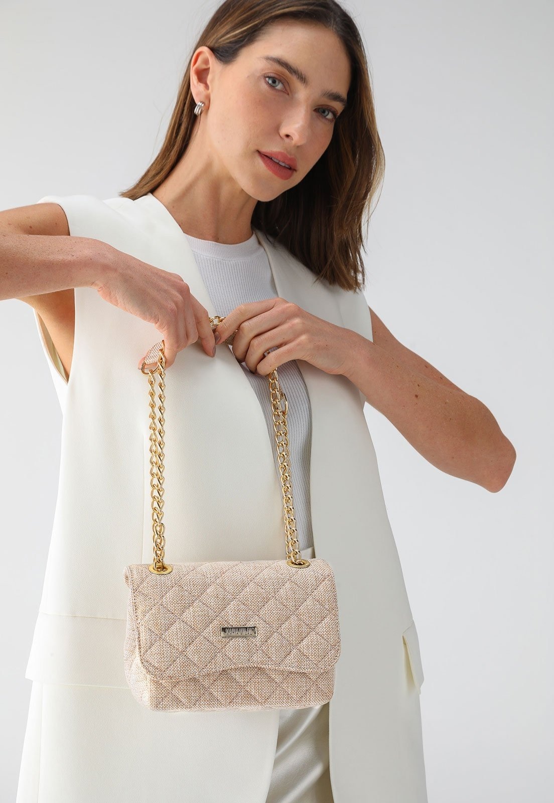 Imagem principal Bolsa Feminina Maria Milão Lateral Pequena Matelassê Palha Maria Milão bege/branco/castanho/cáqui/incolor/nude/off-white