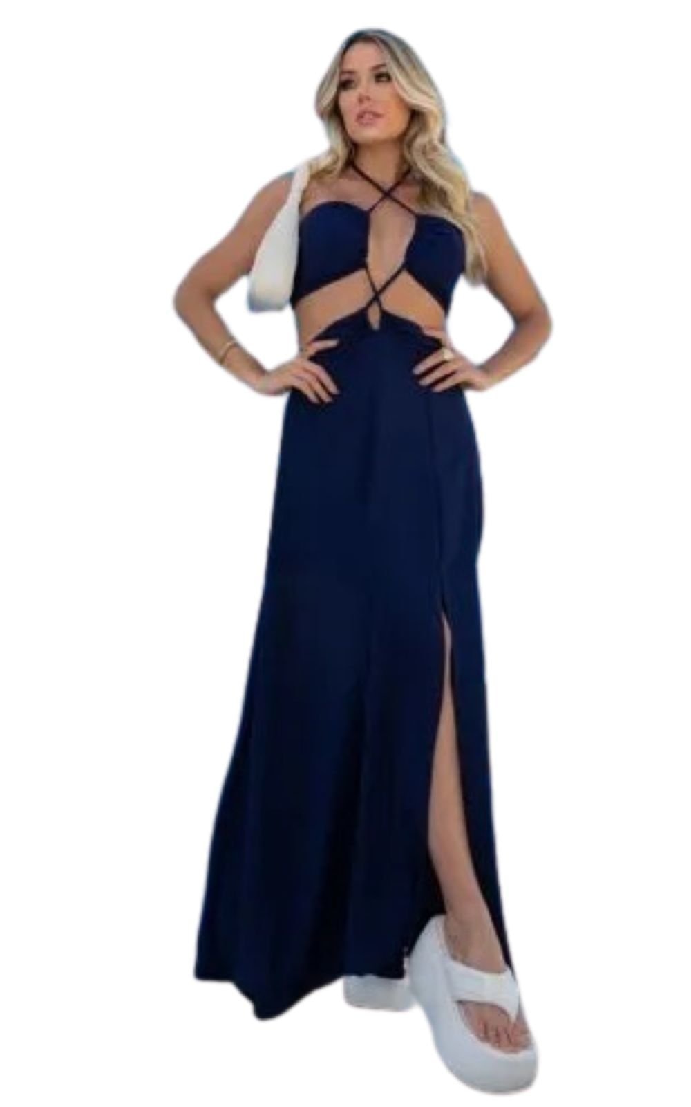Imagem principal Vestido Longo Recortes Cut Out Viscose Fiorelly Marinho Cia do Vestido azul marinho