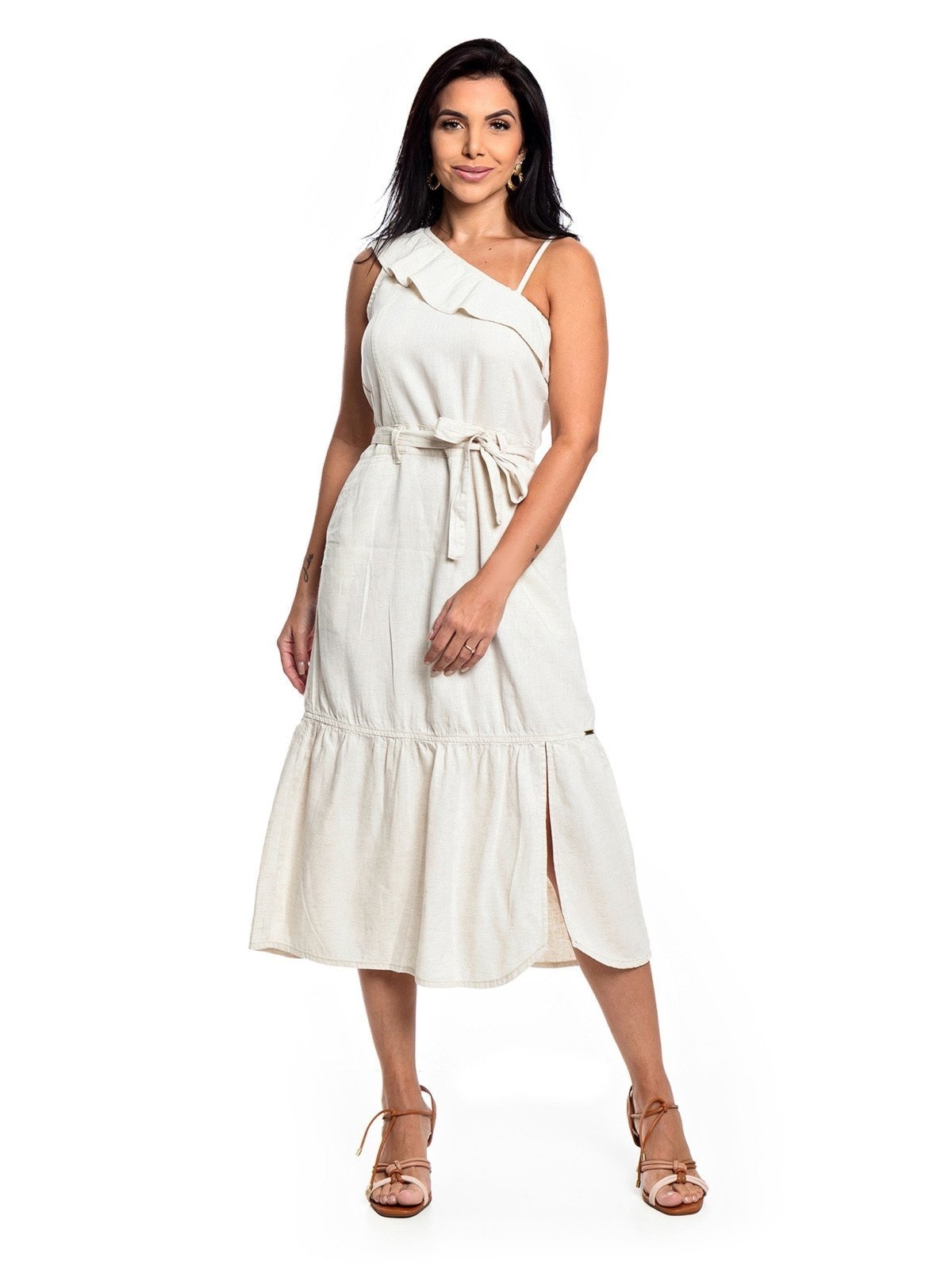 Imagem principal Vestido Midi Restrito Jeans de Linho Ombro a Ombro - AREIA Restrito Jeans bege