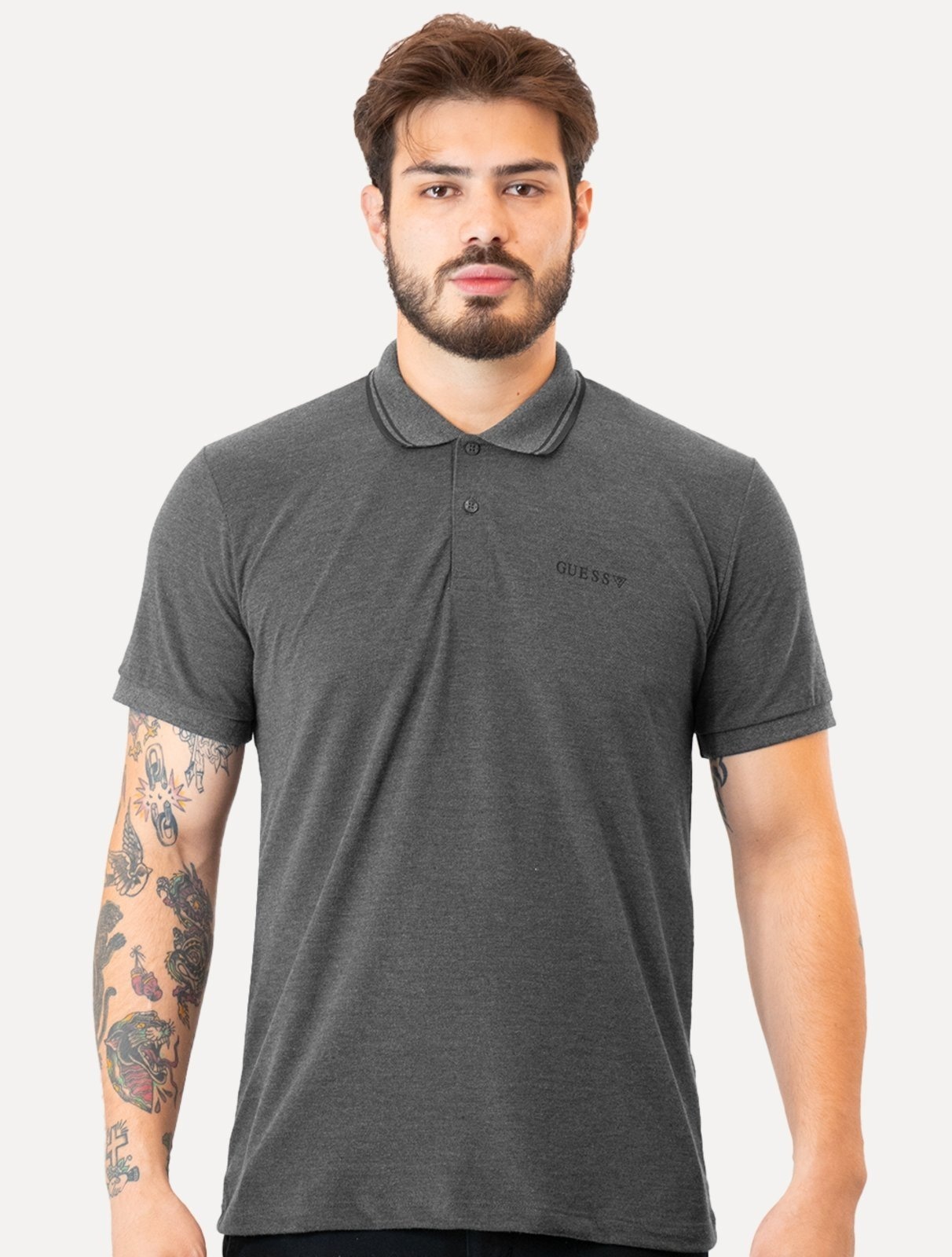 Imagem principal Polo Guess Masculina Piquet Bordado Friso Gola Escuro Mescla Guess cinza