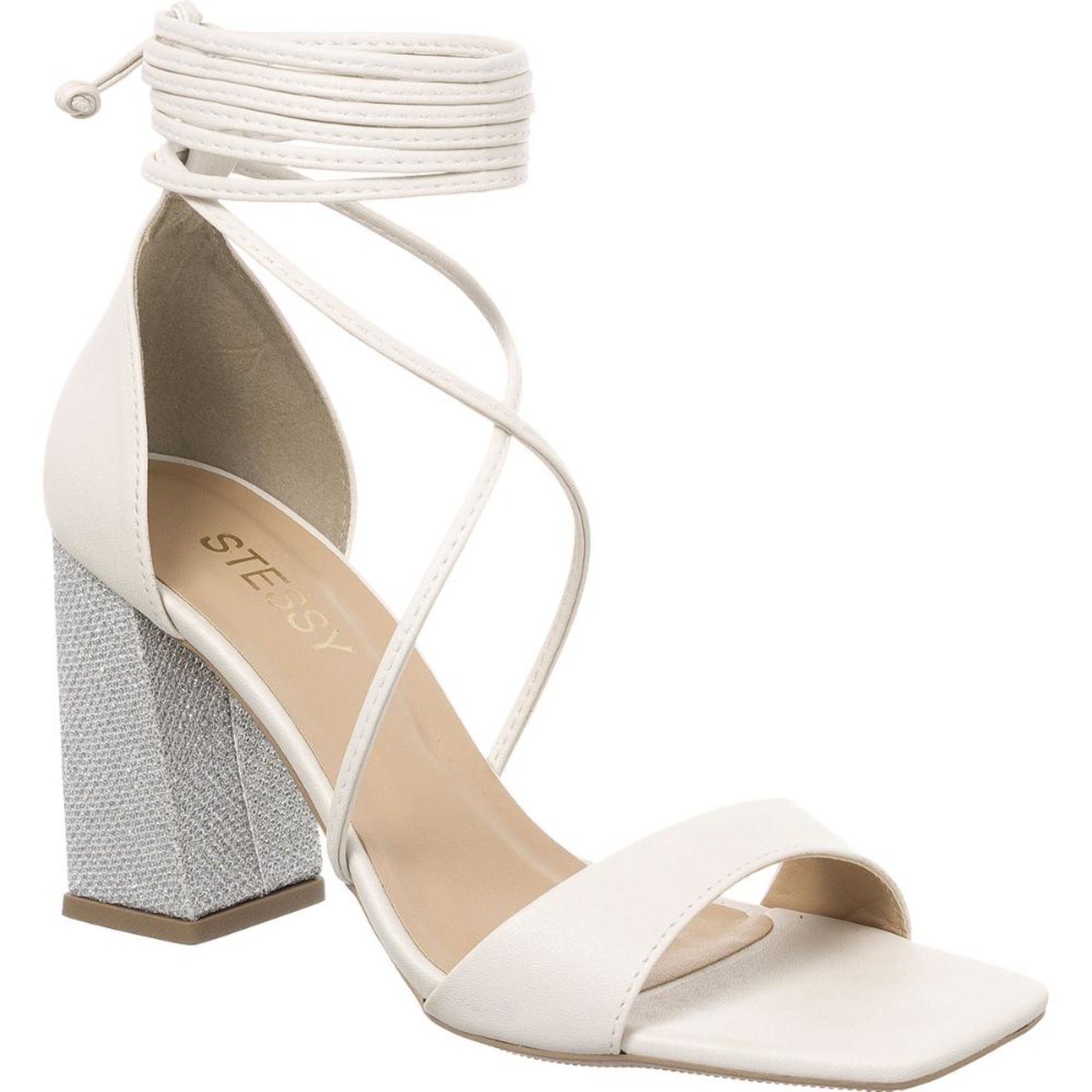 Imagem principal Sandália Feminina Brilho Strass Salto Alto Bloco Amarração Off White Com Metalizado Stessy Shoes off-white white