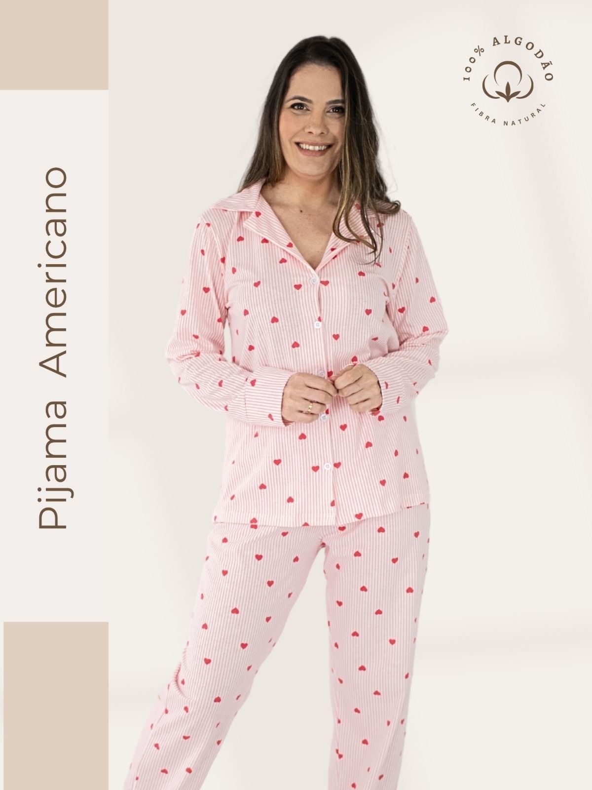 Imagem principal Pijama Algodão Americano Feminino Longo Piante Amanda Corações Listrado Piante rosa