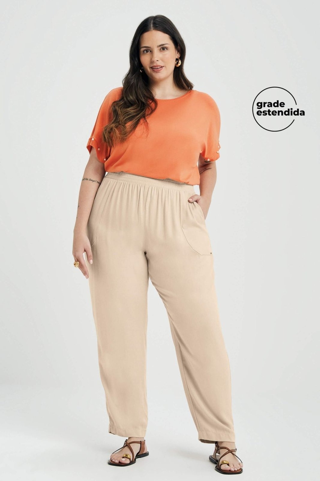 Imagem principal Calça Feminina Creponada Com Bolsos Marialícia Marialícia bege