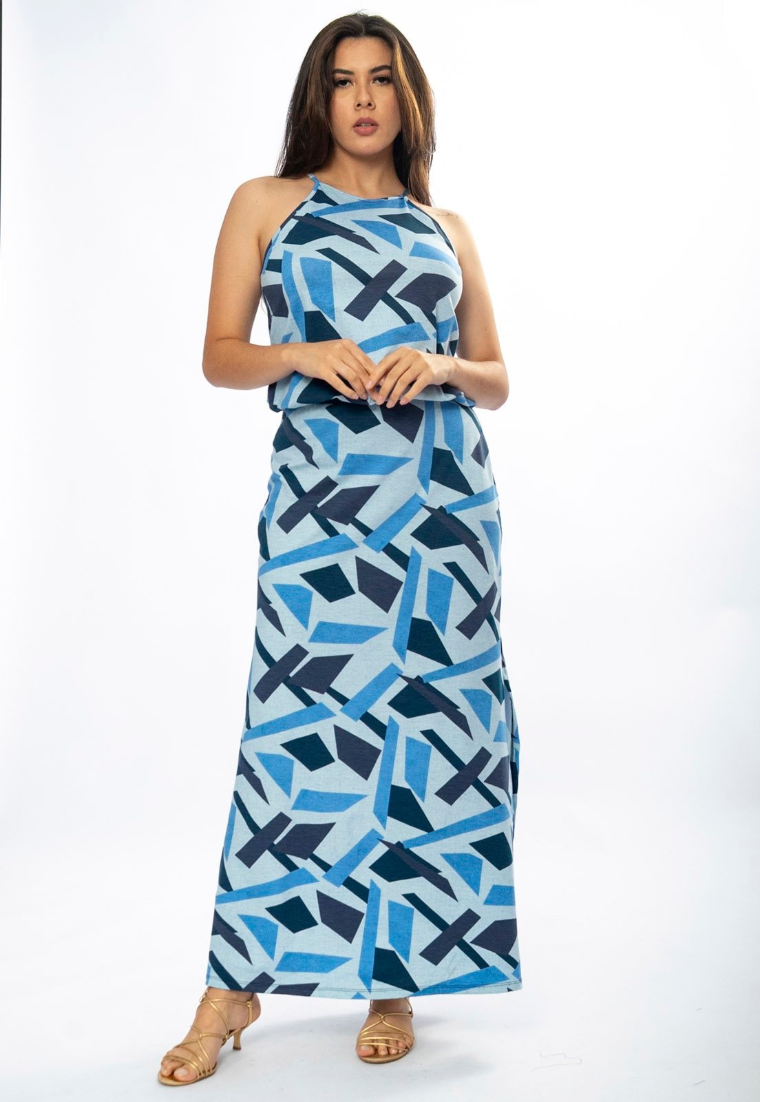 Imagem principal Vestido Longo Amazônia Vital Malha Trapézio com Elástico na Cintura Caminhos de Azul Amazonia Vital azul marinho