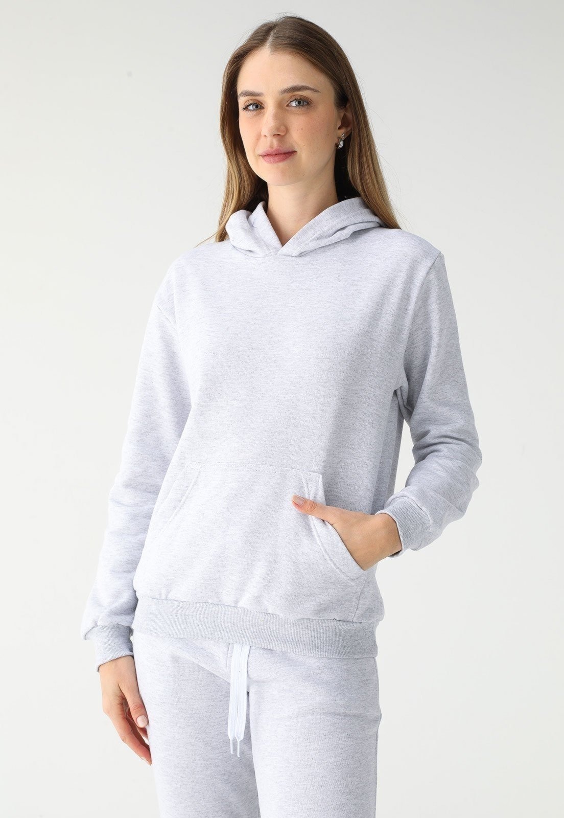 Imagem principal Blusa de Frio Moletom Feminino Flanelado Benellys Liso Canguru Claro Benellys cinza