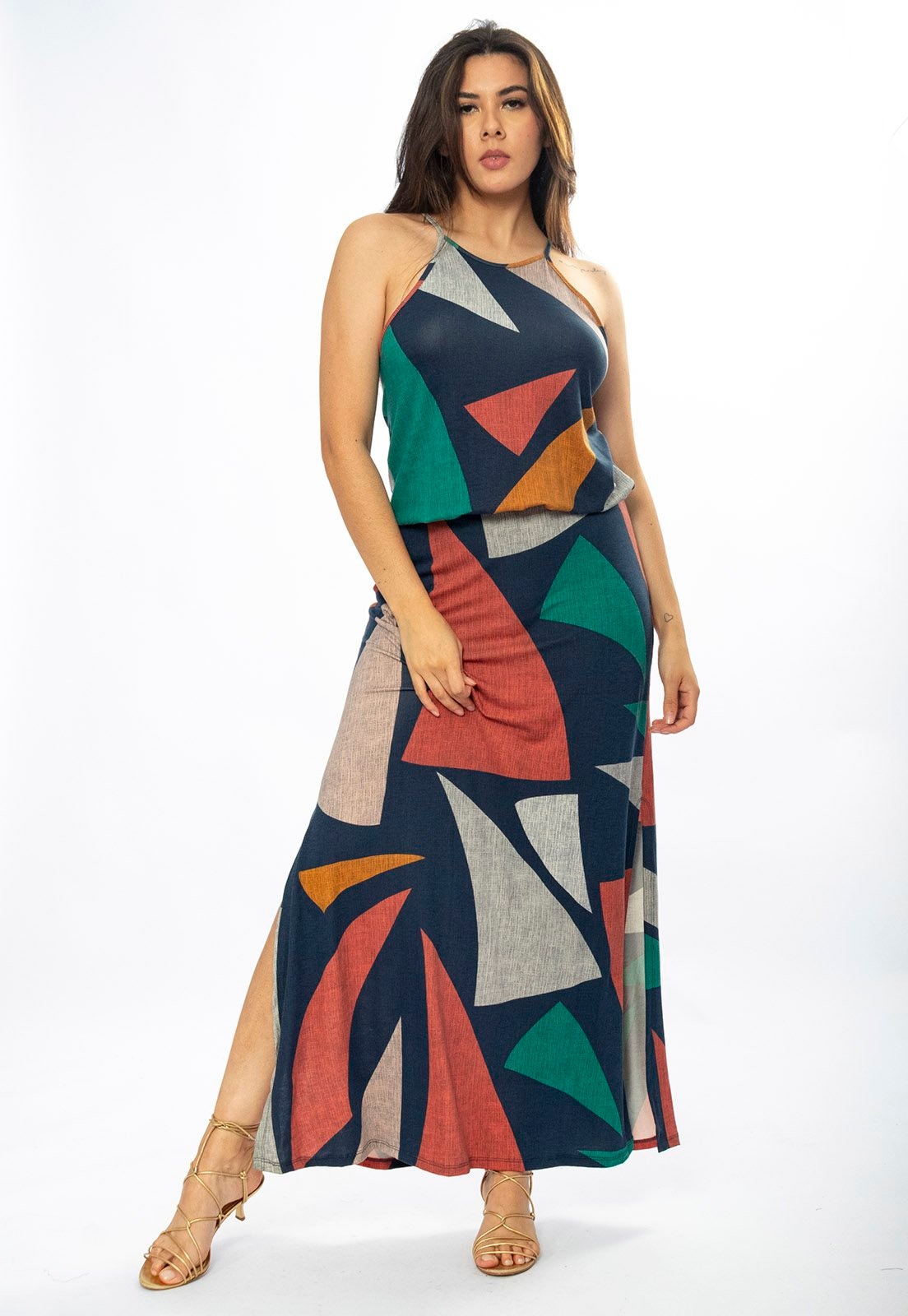 Imagem principal Vestido Longo Amazônia Vital Malha Trapézio com Elástico na Cintura Geometrias do Tempo Amazonia Vital cinza/verde/vermelho