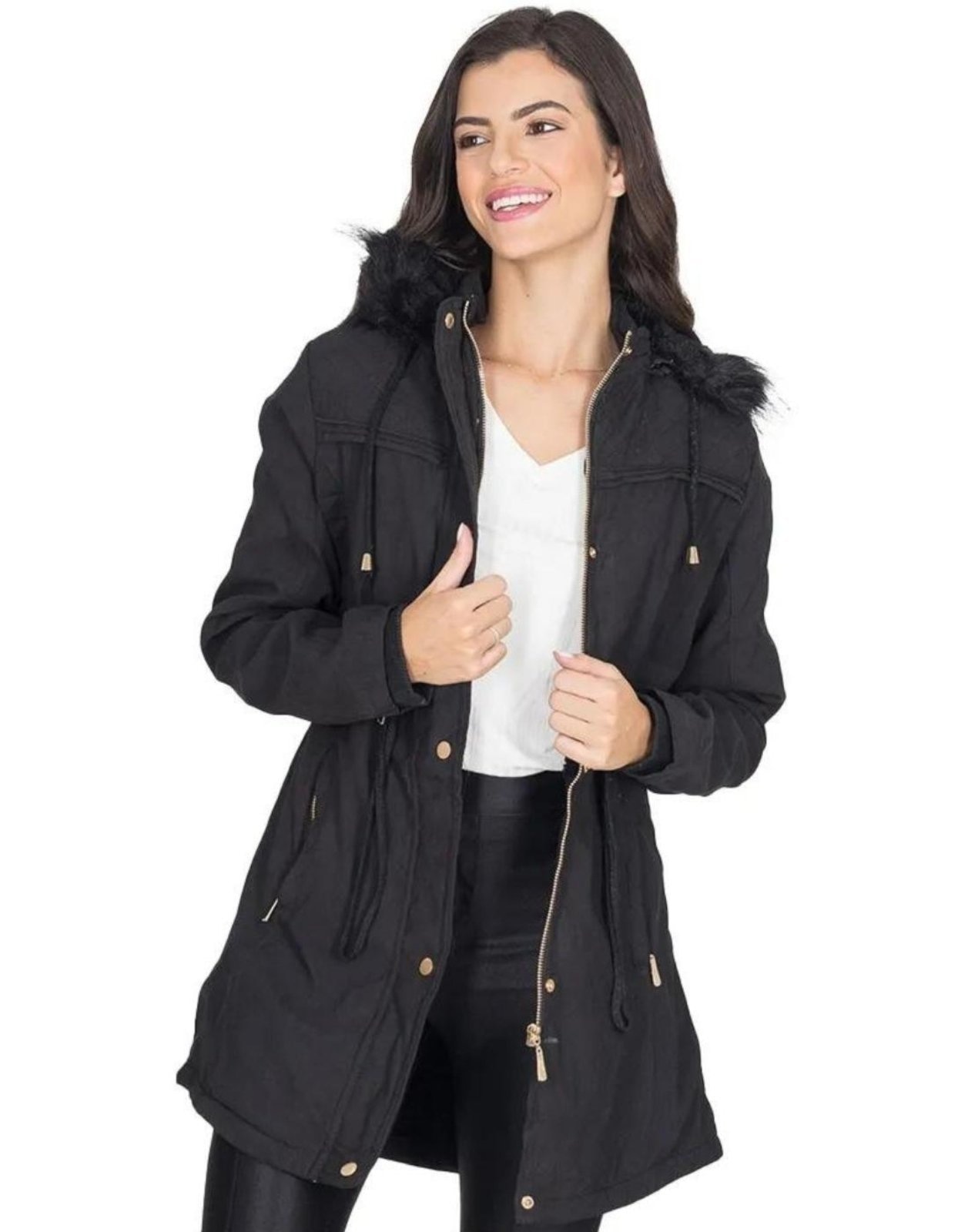 Imagem principal Jaqueta para Inverno Parka Sherpa Forrada com Capuz Removível Cia do Vestido Preta Cia do Vestido preto