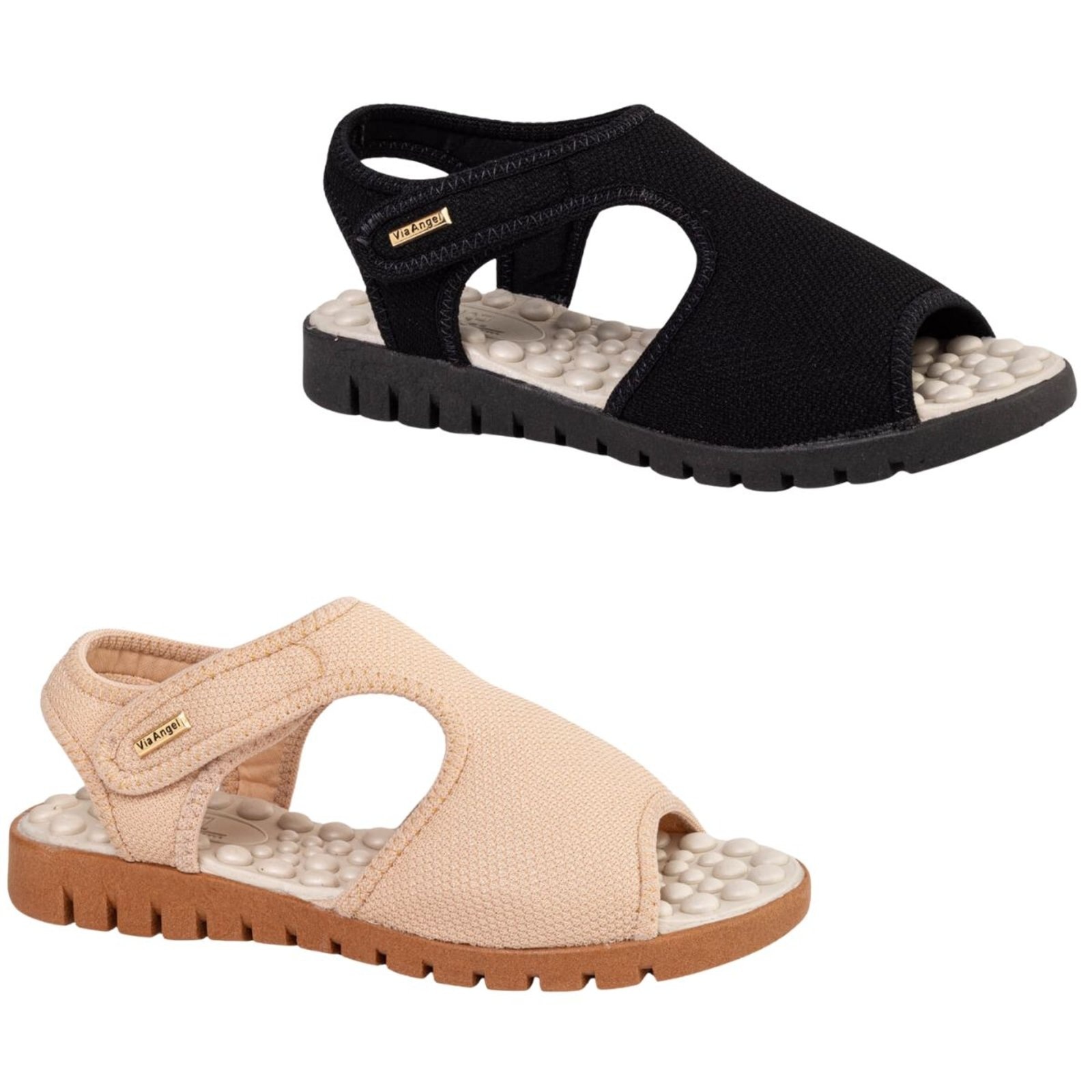 Imagem principal Kit 2 Sandalia Ortopédica Feminina Calce Fácil Confortável leve Anatômica Via Angel 7601. Preto e Bege VIA ANGEL multicolorido