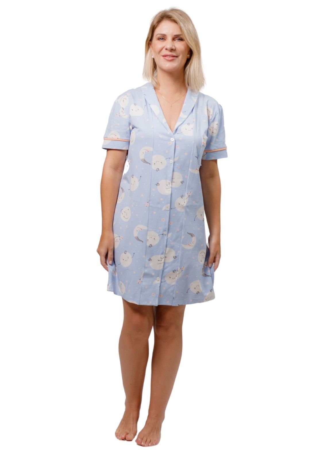 Imagem principal Camisola Algodão Feminina Americana Manga Curta com Botão Botões Adulto indicado Gestante Amamentação e ós cirúgico - Lua Piante azul