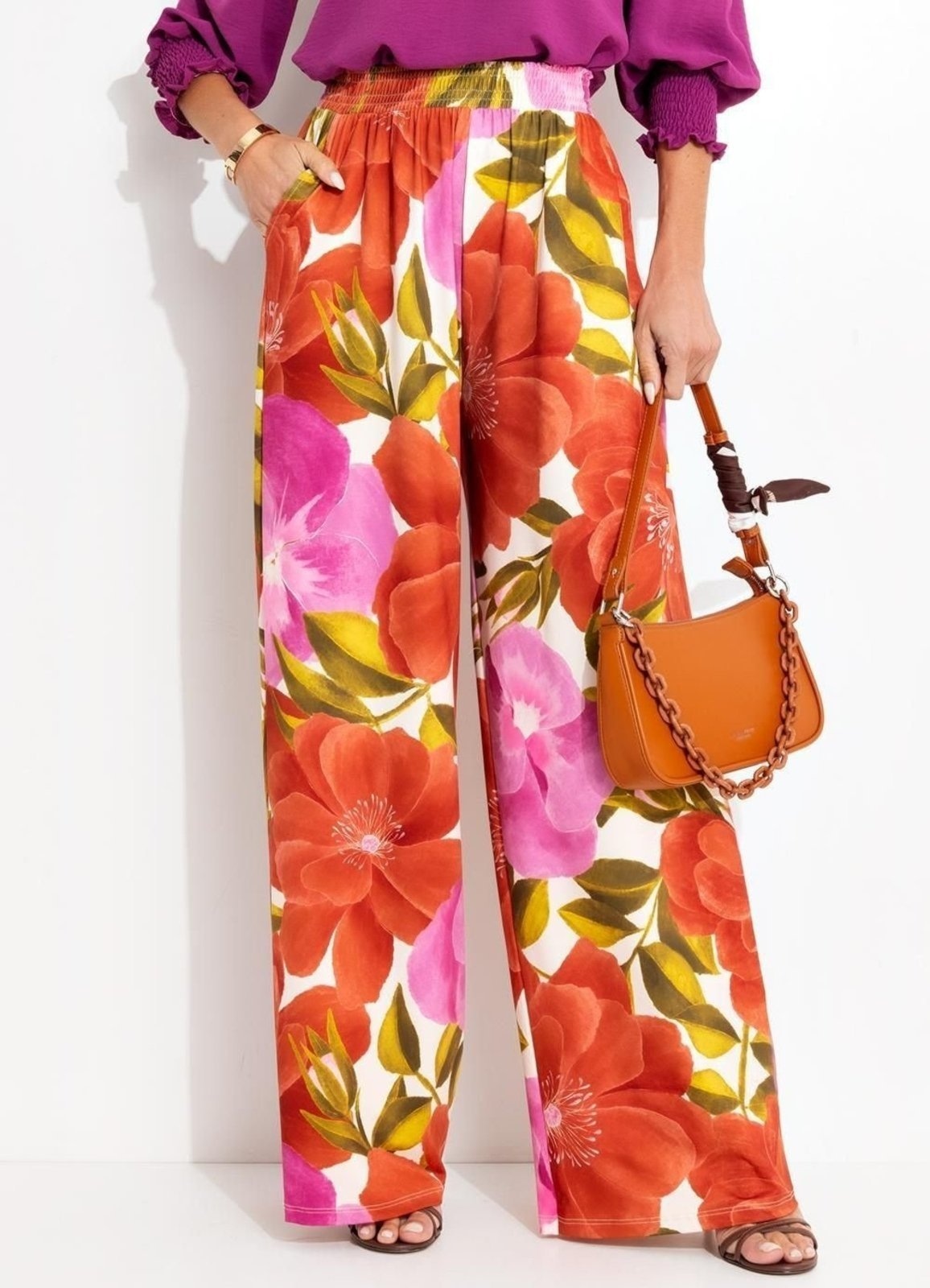 Imagem principal Calça Malha Fria Floral Maxi Colorido Quintess laranja