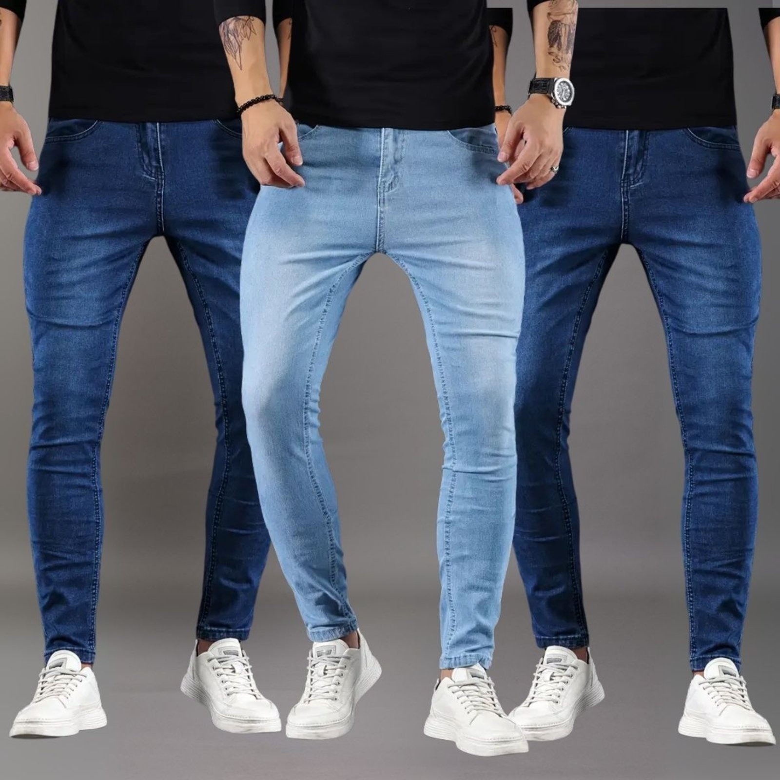 Imagem principal Kit 3 Calças Jeans Masculina Skinny KOVALI Casual Premium Confortável com Elastano KOVALI FASHION STORE azul/azul marinho azul