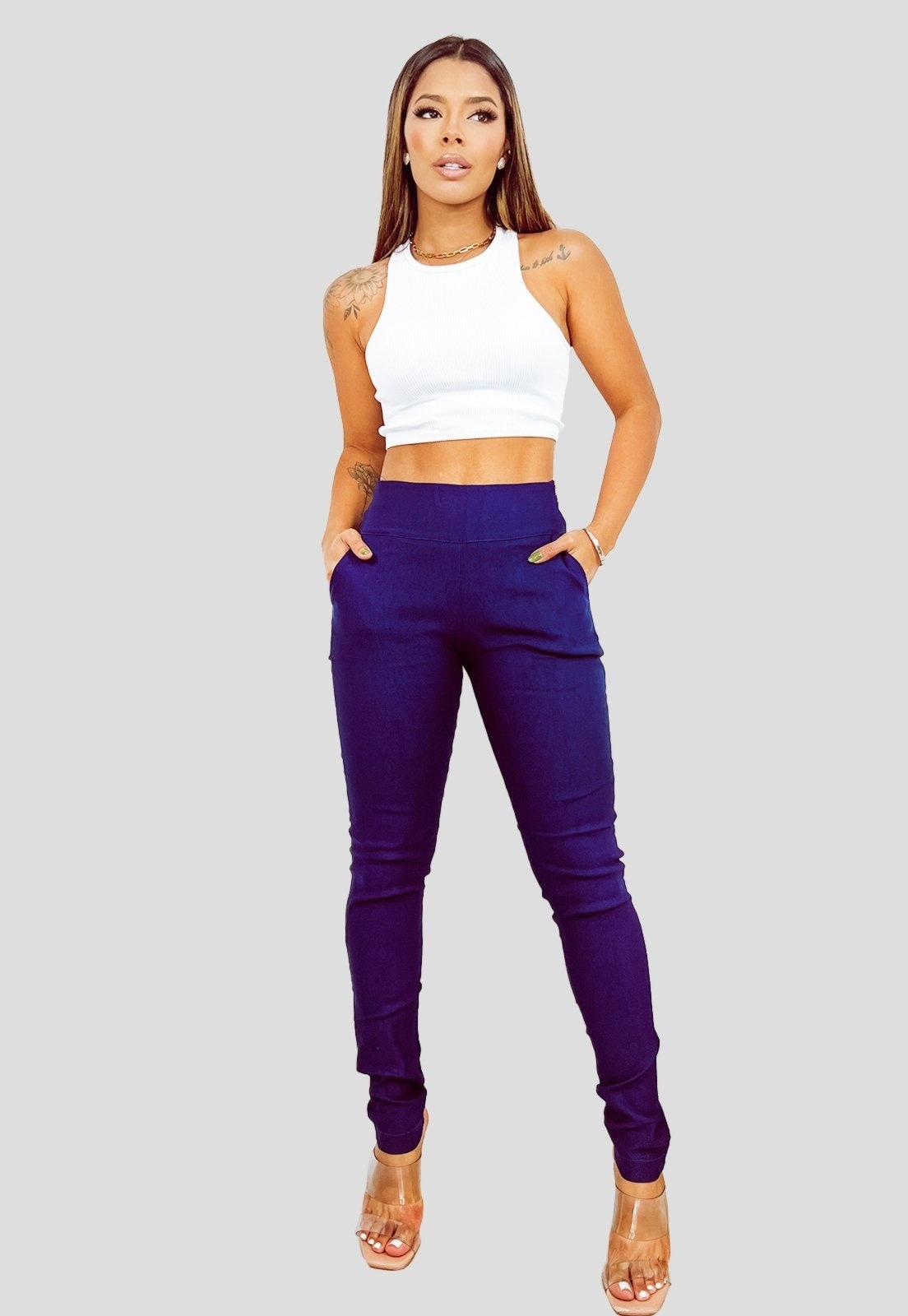 Imagem principal Calça Bengaline YWC ind Básica Cós Alto Zíper Com Bolso Barra Justa Azul-marinho YWC ind azul marinho