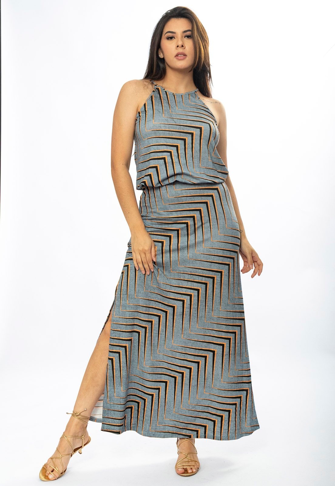 Imagem principal Vestido Longo Cabanafree Malha Trapézio com Elástico na Cintura Murici Cabanafree estampado/laranja/preto